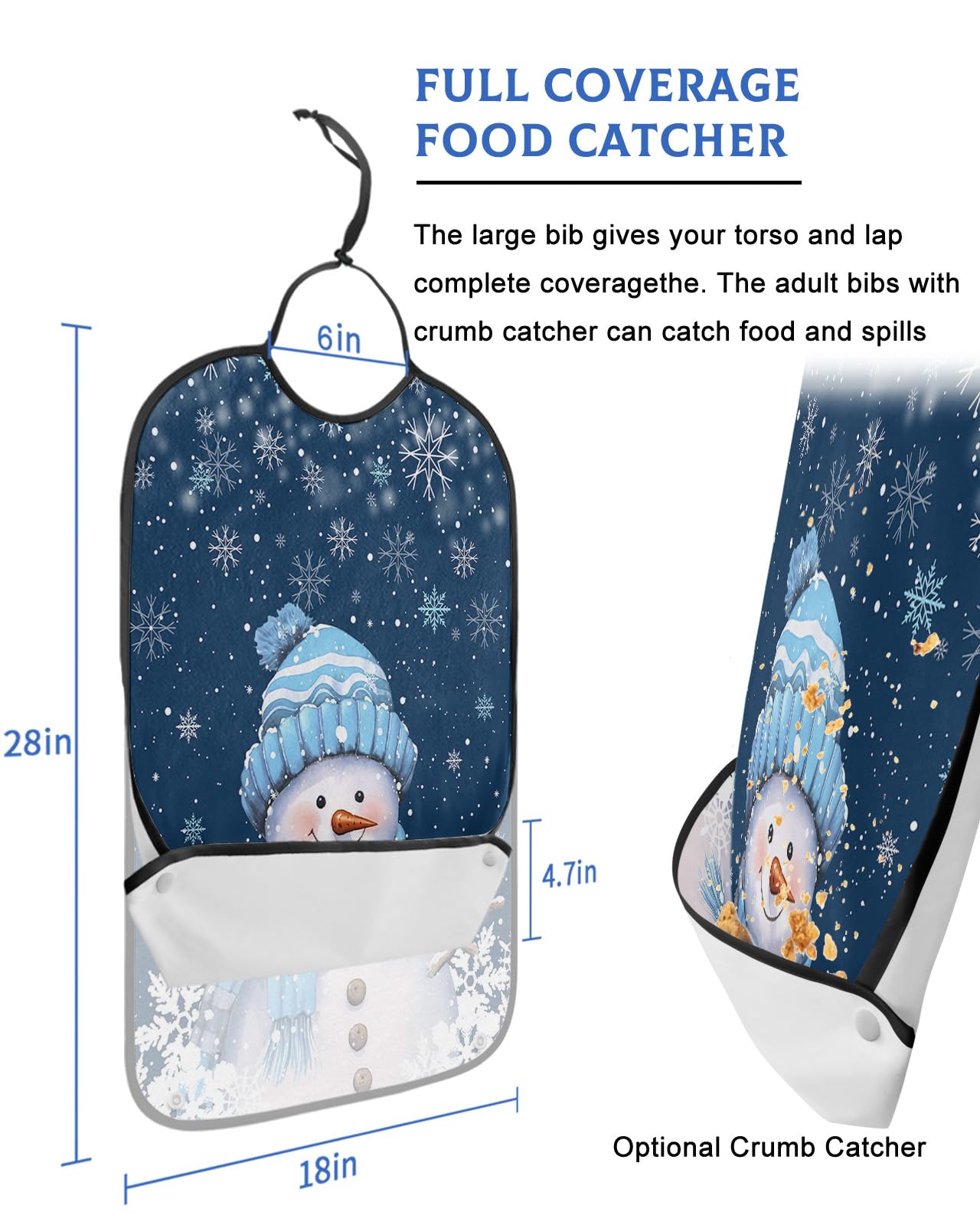 Adult Bibs for Elderly Women - Blue Snowman Christmas Waterproof Dining Clothing Protectors with Crumb Catcher for Eating/Feeding, Xmas Winter Snowflake Navy Blue Terry Cloth Bib Machine Washable