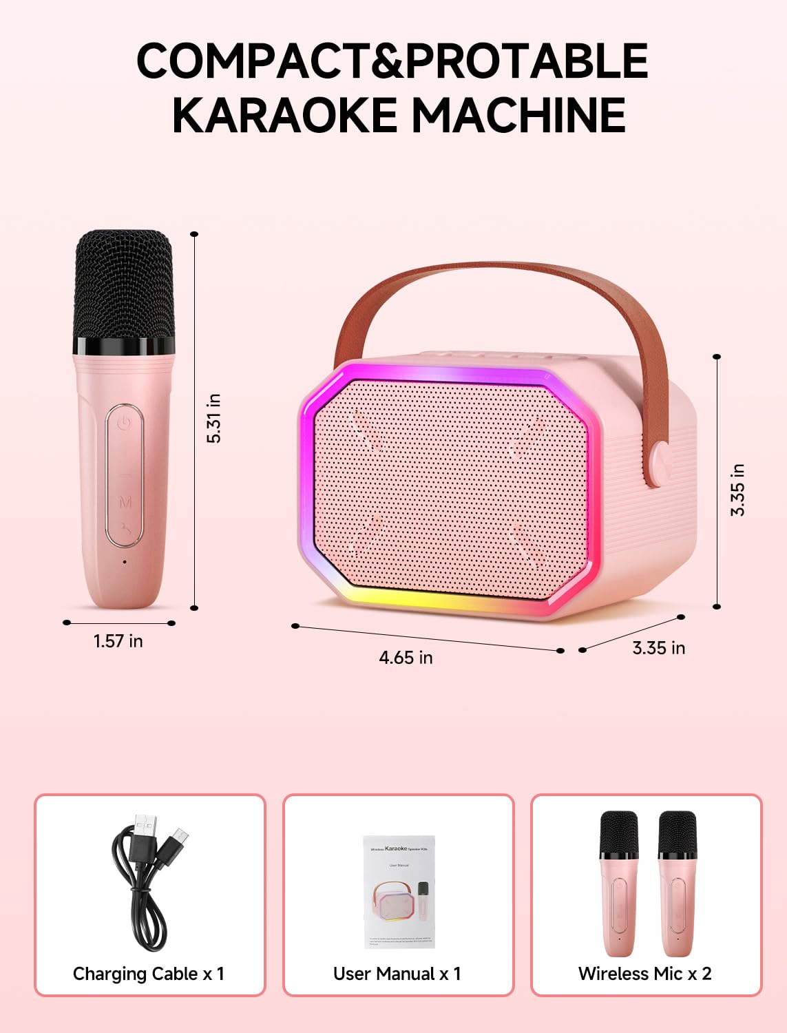 Karaoke-Maschine für Kinder und Erwachsene, tragbarer Mini-Bluetooth-Lautsprecher mit 2 kabellosen Mikrofonen, LED-Leuchten für TV, Heimparty, Kindergeschenk für Mädchen, Jungen, Familie, Party,