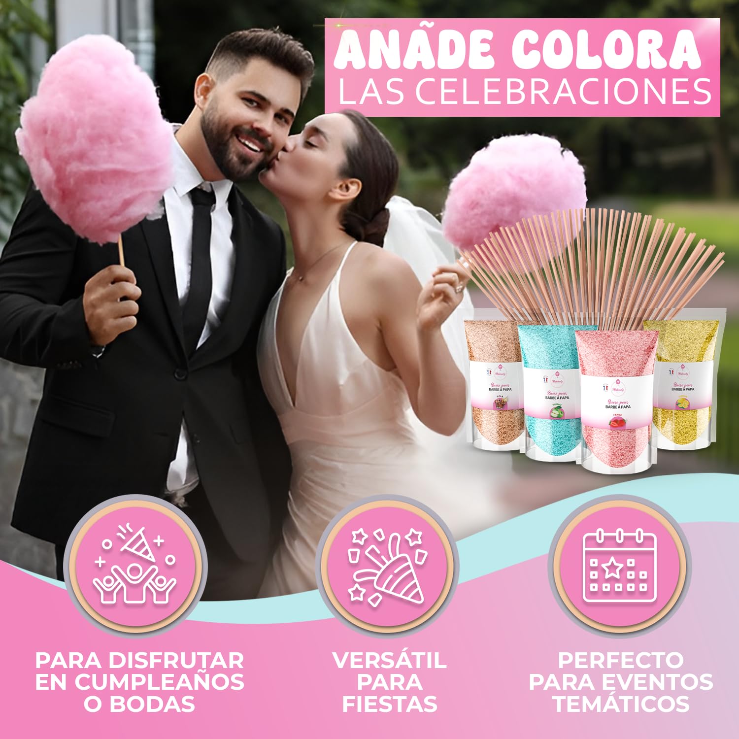 Misskandy® algodón de azúcar para máquina- Pack de 4 * 160Gr - (Sabores Naturales): Sabores: Fresa/Manzana/Cola/Limón + 50 palitos (gratis)
