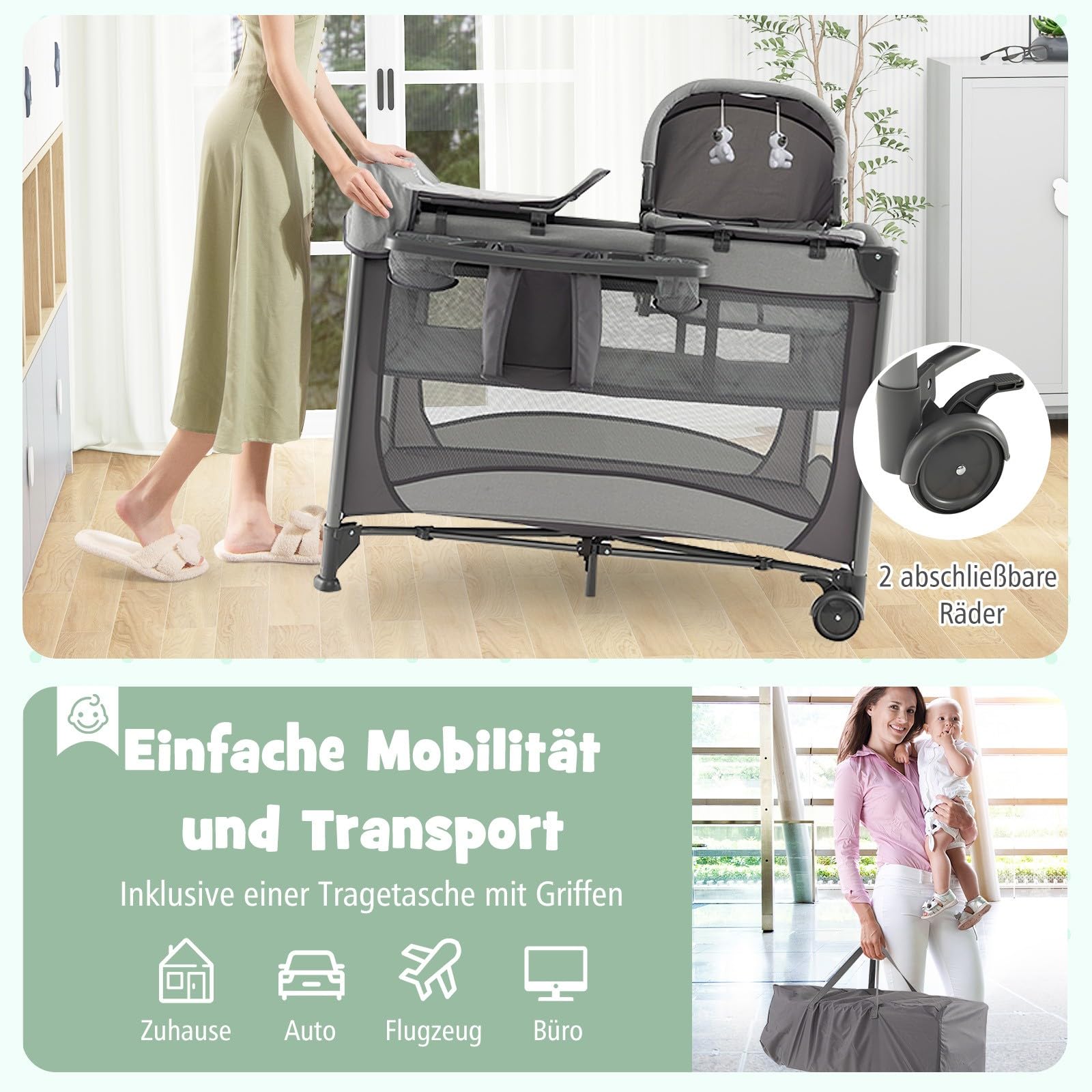 DREAMADE 5 in 1 Reisebett Baby mit Matratze, 110 x 78 cm Beistellbett mit Wiege & Wickelauflage, Babybett Komplett Set für Neugeborene & Baby bis 36 Monate (Grau)