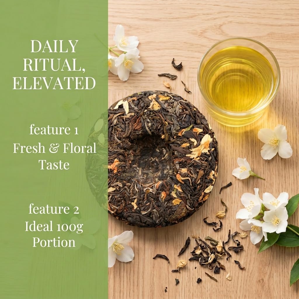Thé Pu-erh Cru Du Yunnan | Gâteau De Thé Vert Au Jasmin | De Qualité A, Thé Floral Pressé Parfumé | Boisson Naturelle Saine (100g * 5)