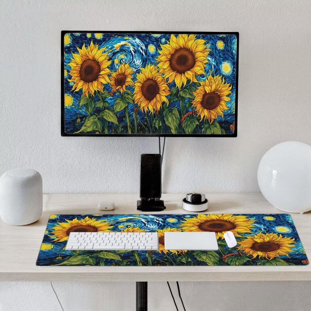 Alfombrilla de ratón 1400x600x3 MM, Alfombrilla Ratón XXL Extendida de Gran Tamaño con Bordes Cosidos, Base de Goma Antideslizante Almohadilla para Teclado, Girasol Abstracto S-2405