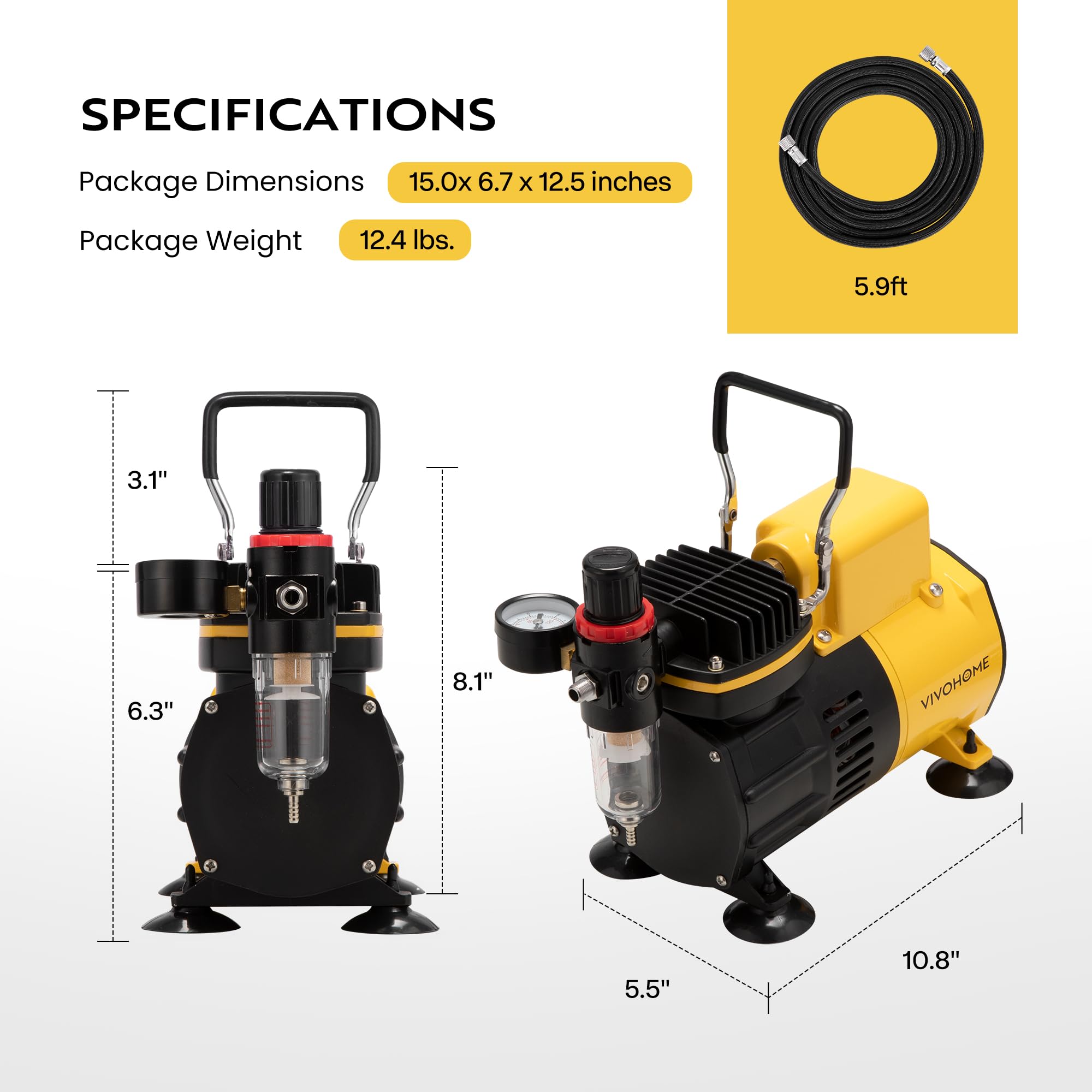 VIVOHOME Airbrush Kit with Dual Fan Air Compressor and 3 Dual Action Airbrush Gun, Gravity and Siphon Feed, Quiet Air Brush Set with 8 Primary Opaque Colors, Cleaning Brush, Yellow