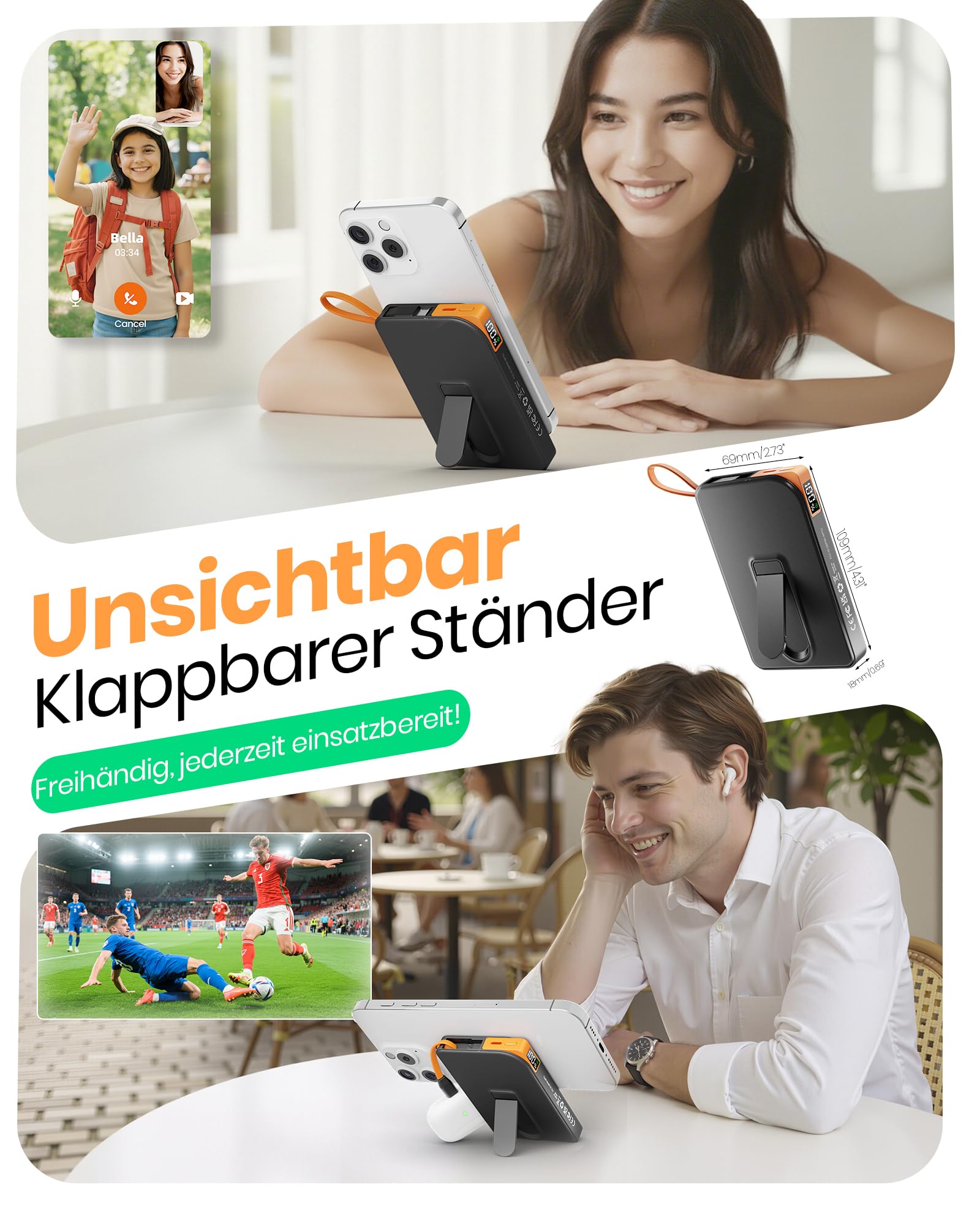 Power Bank für MagSafe iPhone 10000mAh, 3 in 1 Magnetische Schnellladen PowerBank for i-Phone Air 17/16/15/14/13/12, Wireless Powerbanks Handy mit integriertem USB-C Kabel & Ständer für Android