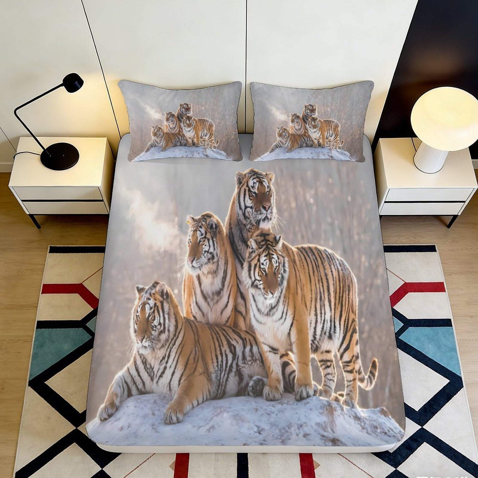 3D Printed Tiger Family Fitted Sheet Microfiber Non-Slip Mattress Cover for Bedroom Dorm Decor, Machine Washable, Animal Art 200x200x25cm