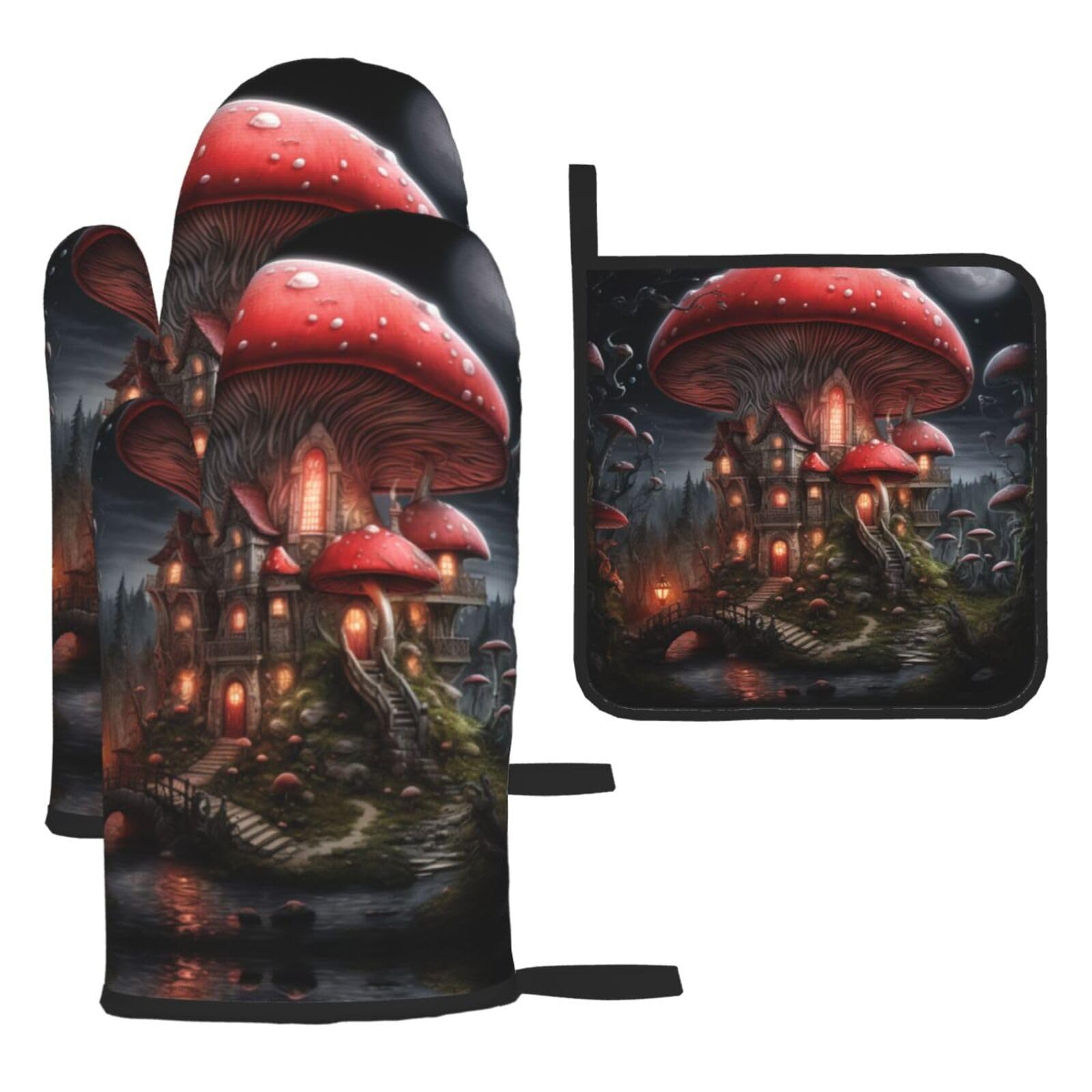 Red mushrooms in the night sky Oven mittens and oven mitts three-piece set suitable for oven, grilling, baking, microwave and home cooking.