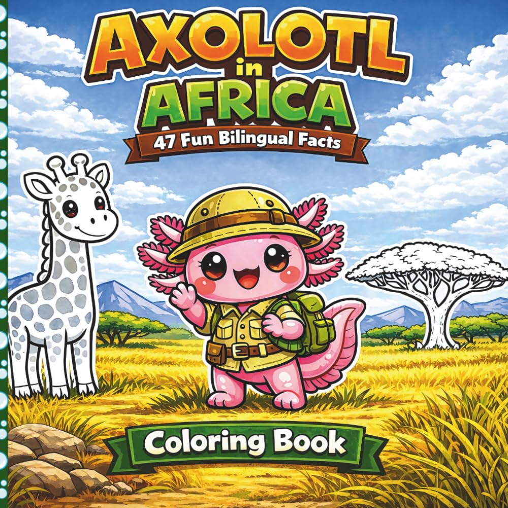 Axolotl in Africa - coloring book for kids 5 to 7: 47 quality bold and easy illustrations, including factual stories about each illustration - learnig ... (Axolotl Adventures Coloring Books)