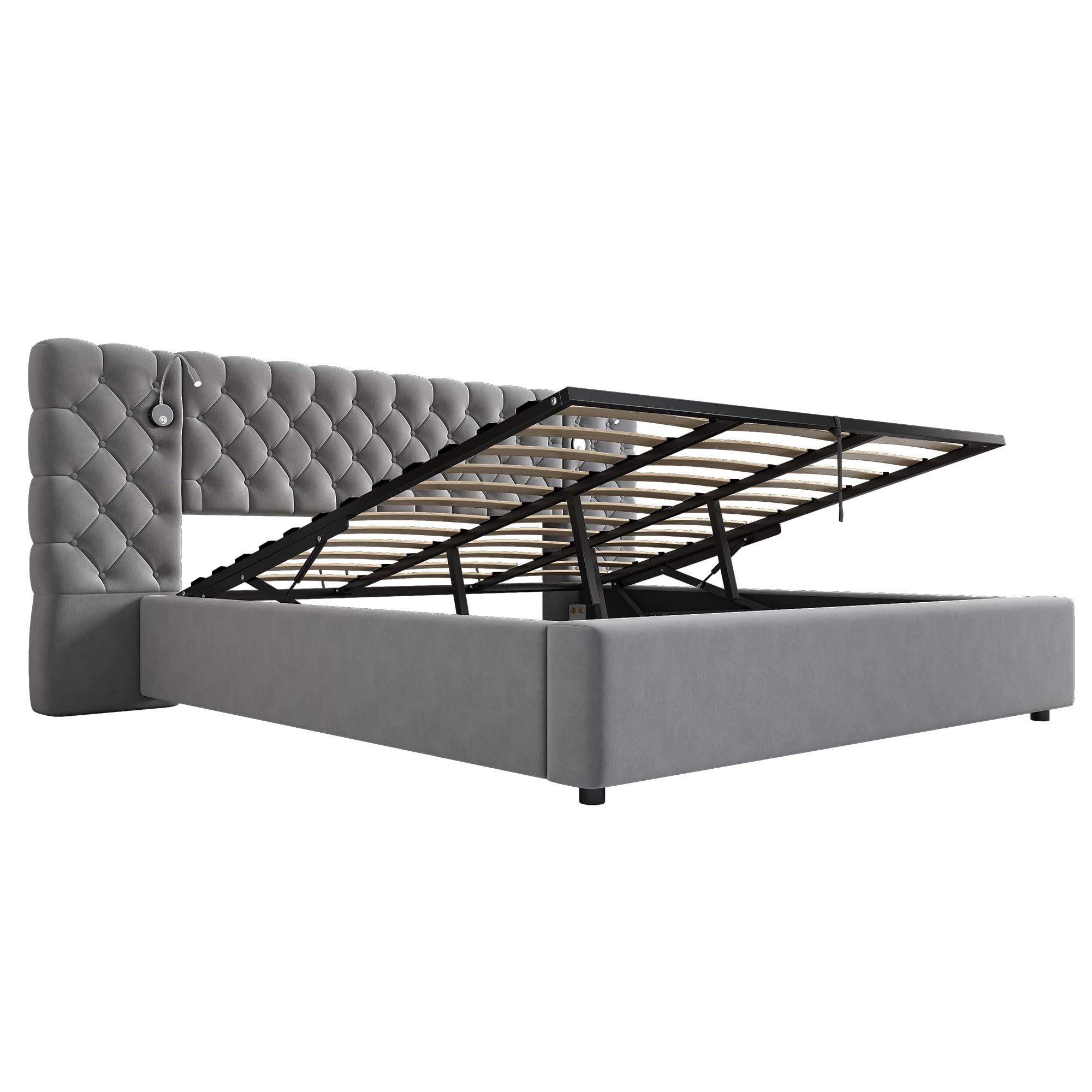Cama Tapizada 180x200, Cama Doble con LED iluminación y Espacio de Almacenamiento, Hidráulica Modern Cama Matrimonio Juvenil con Cabecero Ancho y Suave y Somier, Gris, Terciopelo, Sin Colchón