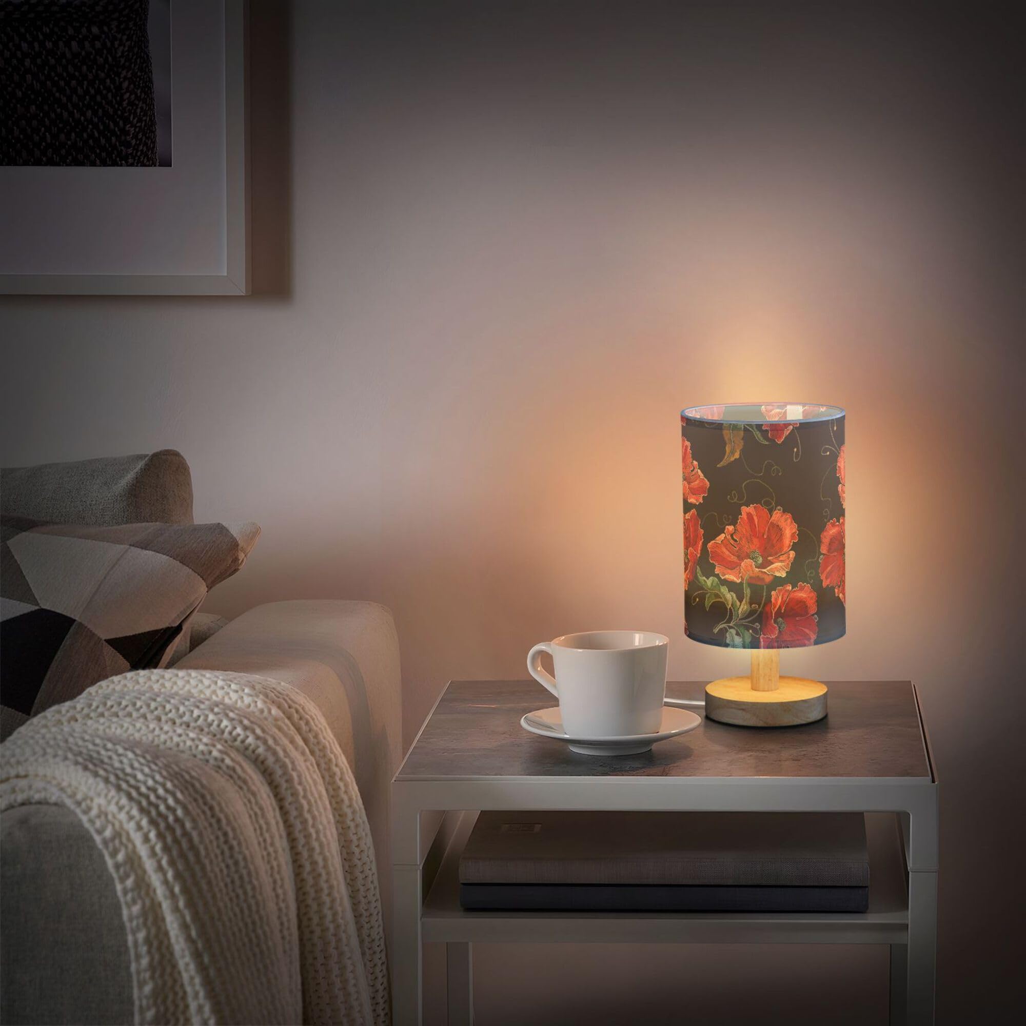 Lámpara de mesa con estampado de flores de amapola roja, con patrón floral, lámpara de mesita de noche con base de madera, pantalla de tela, lámpara de escritorio para sala de estar, dormitorio