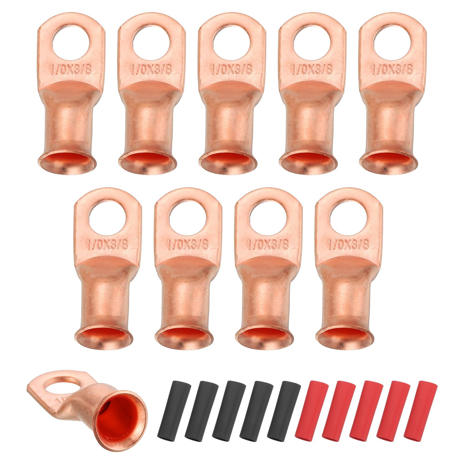 sourcing map 10pcs 1/0 AWG M10 Battery Lugs Ring Terminals, 3/8" 10mm Stud Crimp Wire Terminal Connector End Copper, 3:1 Heat Shrink Tubing, Gold