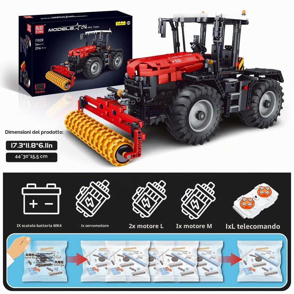 Mould King 17020, mattoncini da costruzione per trattore radiocomandato, 4 in 1 RC, mietitrebbia, giocattolo per gli amanti delle macchine agricole (2716 pezzi)