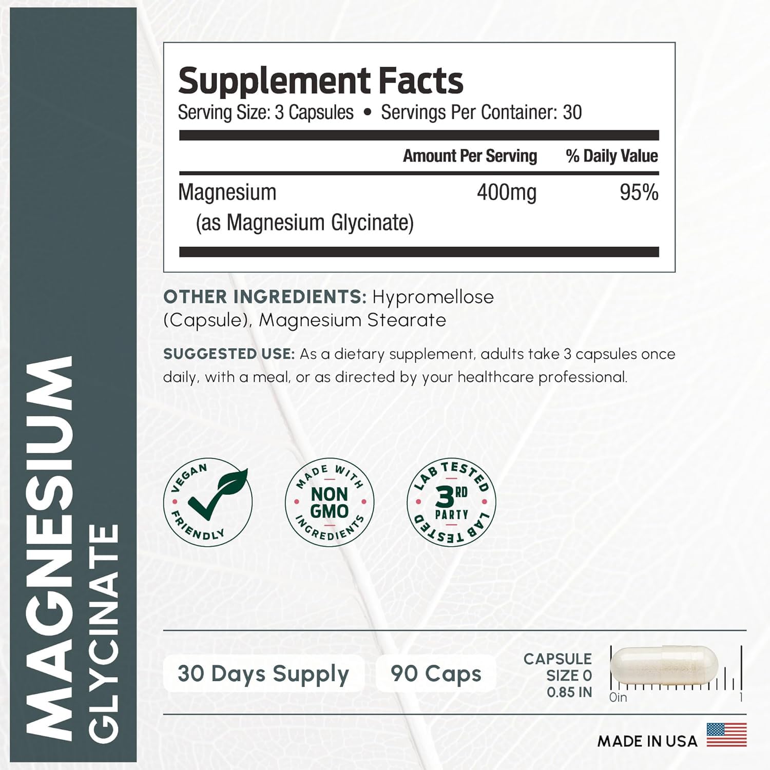Pure Magnesium Glycinate 400mg Serving - High Absorption Magnesium Glycinate - Mag Bisglycinate for Stress, Bones, Muscles, Nerves, Relaxation & Heart Healt - 90 Capsules