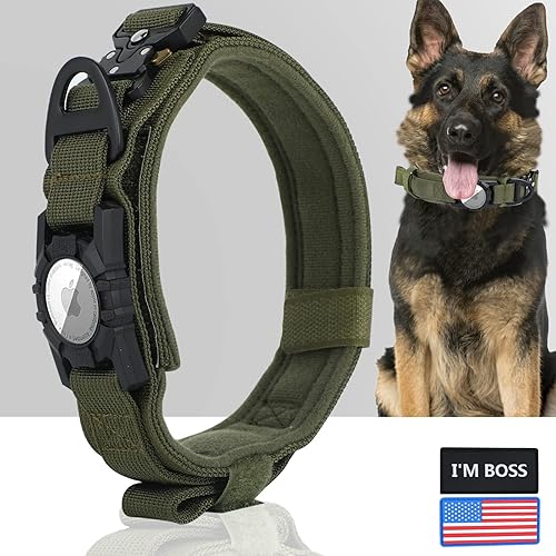 QPINKPET - Collar táctico para perros grandes y medianos collar de perro AirTag con asa collar de perro militar resistente con hebilla de metal para