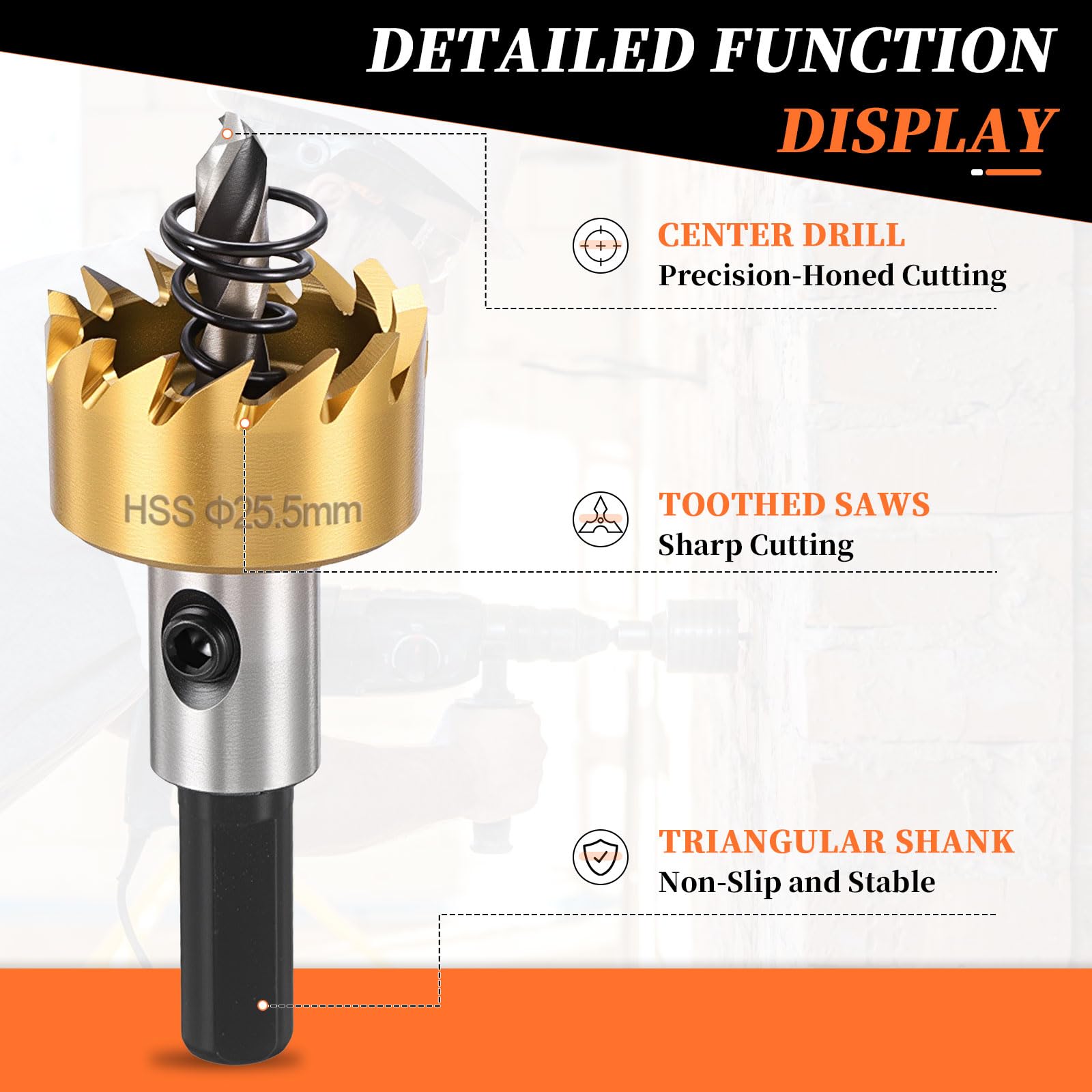 METALLIXITY Hole Saw 25.5mm (1"), M35 High Speed Steel Hole Cutter with Center Drill Bit, Hex Key and Spring - Image 3