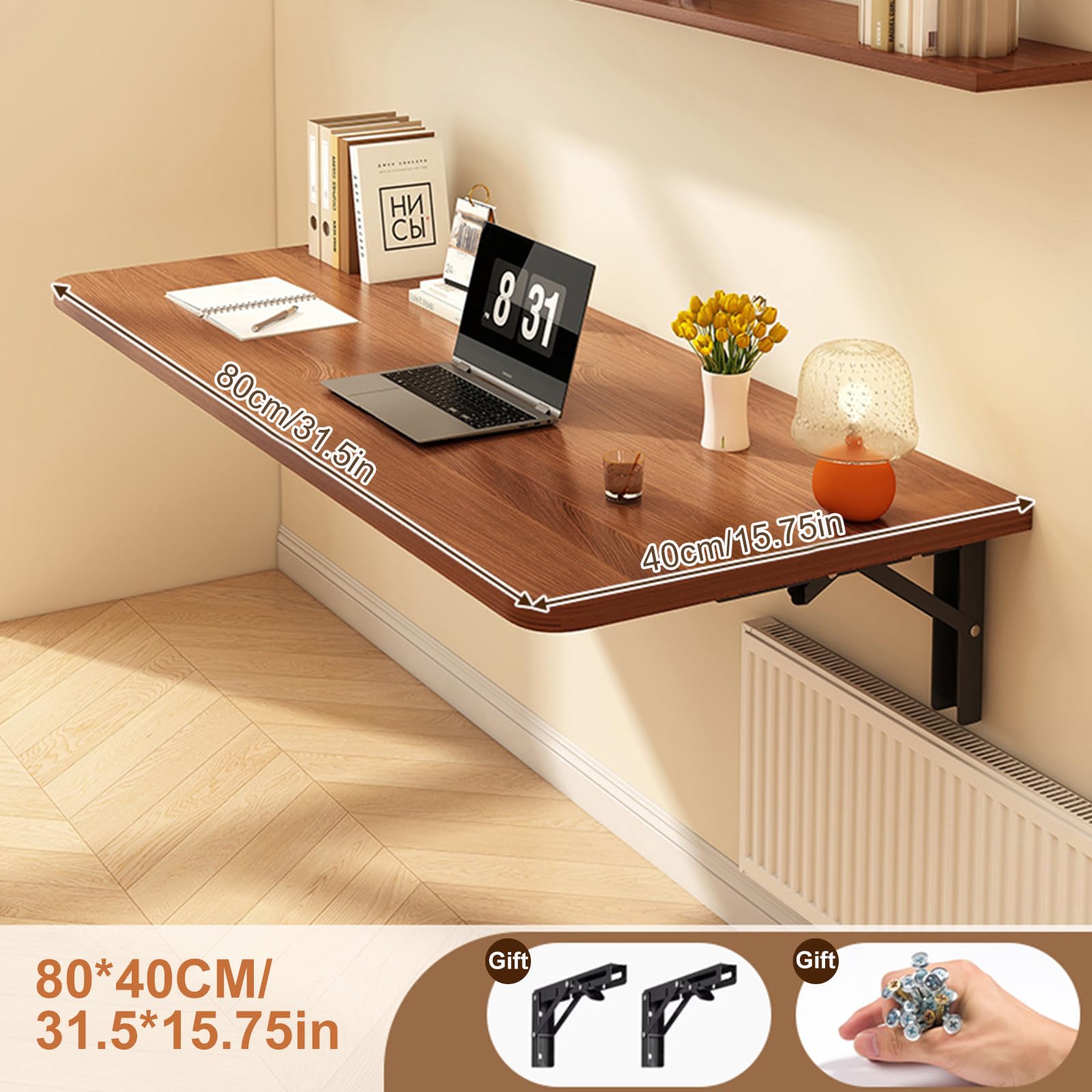 TWSOUL Wandklapptisch, 80 x 40 cm, Wandtisch Klappbar, Klapptisch Esstisch, für die Wand Bartisch, Klappbar zur Wandmontage, für Küche Wohnzimmer Kinderzimmer (Walnuss)