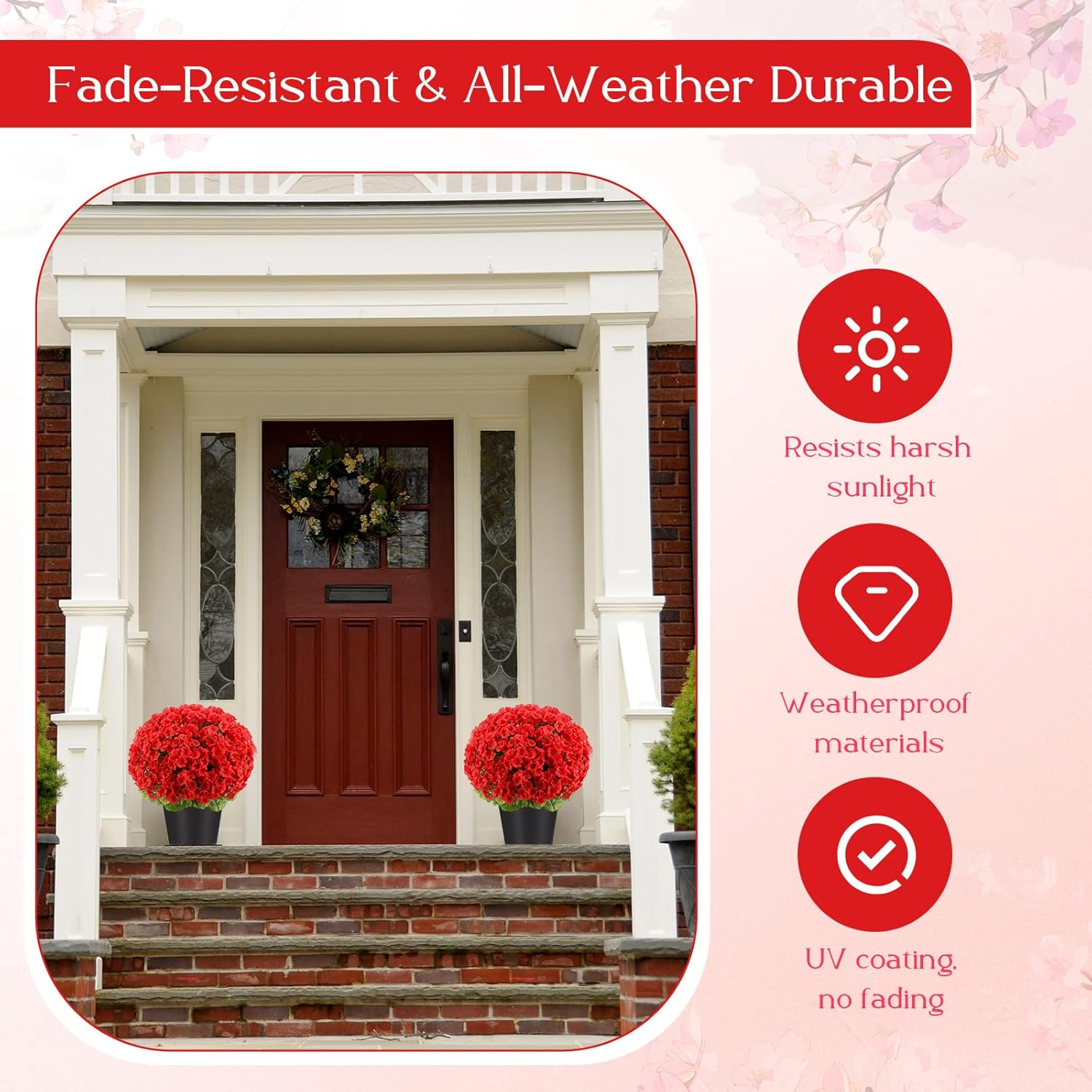 2 Pack Artificial Geraniums Flowers Outdoor Decoration, 20" Faux Geraniums Topiary Potted Plants, UV Resistant Fake Flowers for Front Porch, Patio, Garden, Yard, Indoor Decor(Red)