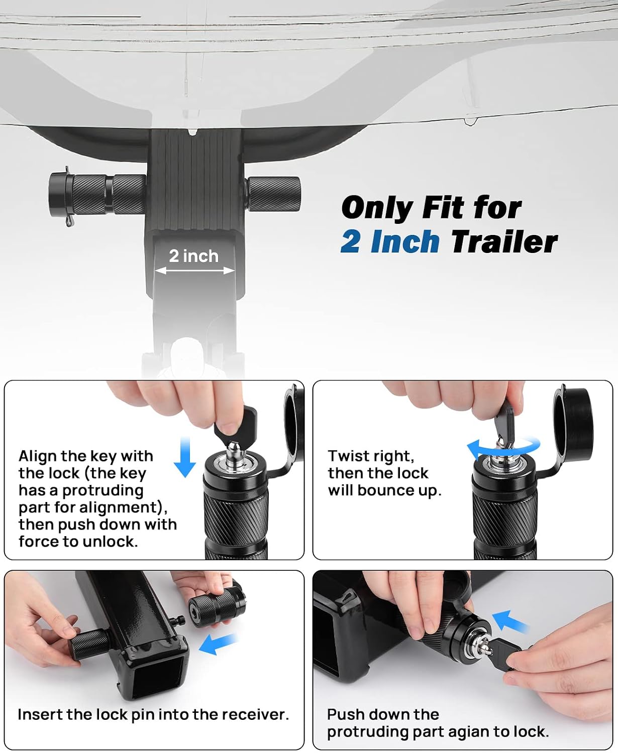 JOYTUTUS Trailer Hitch Lock, with 5/8'' Dia 2-3/4'' Long Pin, Fits 2 Inch Class III-IV Receiver, for Trailer Truck Car Boat, with 2 Keys 2 O-Rings, Anti-Theft and Waterproof Towing Hitch Lock