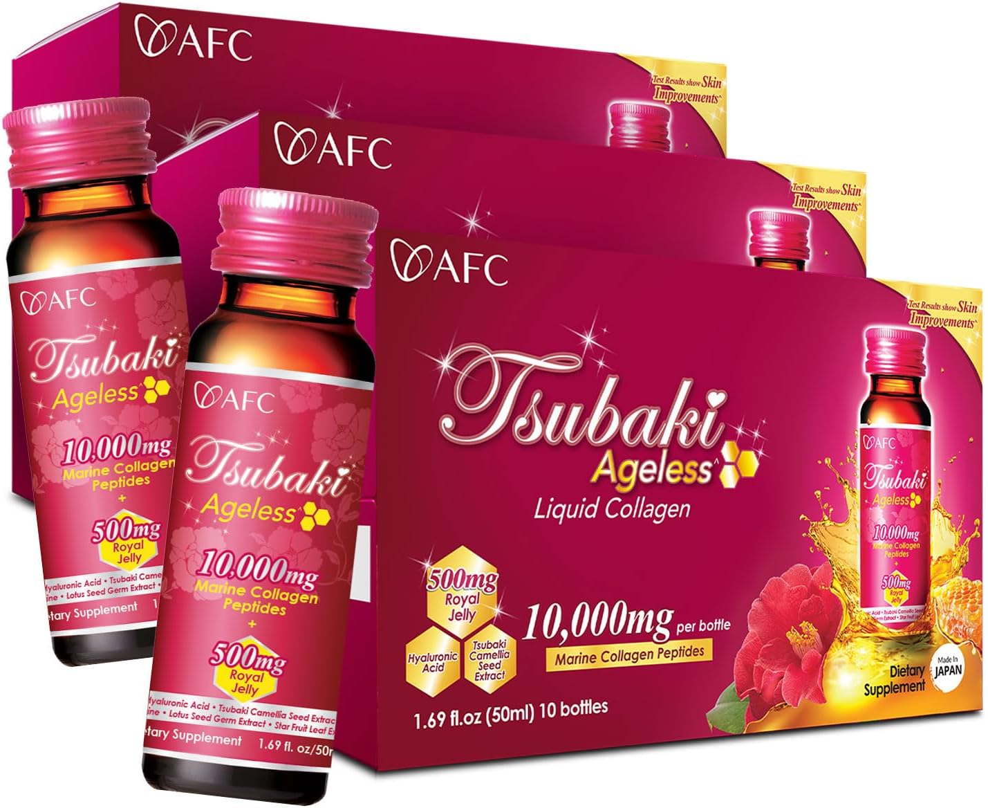 Japan Tsubaki Ageless Liquid Collagen Drink for Women | 10,000mg Marine Collagen Peptides, 500mg Royal Jelly, Hyaluronic Acid | Supports Skin Hydration & Elasticity 1.69 fl.oz x 10 Bottles (3Pack)
