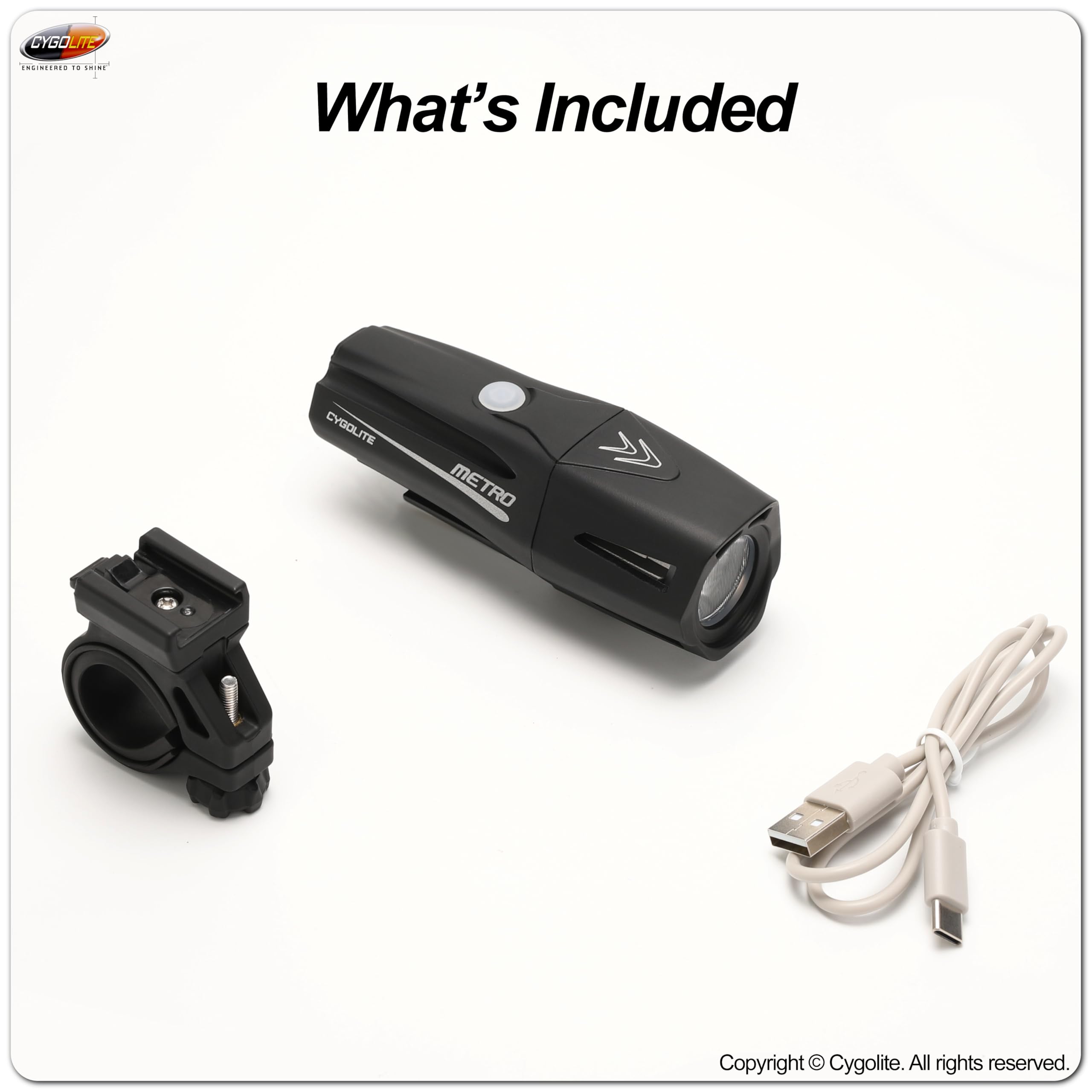 Cygolite Metro Plus 680 Lumen USB-C Luce Bicicletta - 8 Modalità di Luce - Uso Giorno e Notte - Compatto, Durevole, Impermeabile IP67 - Supporto rigido sicuro - per bici da strada, montagna, pendolari