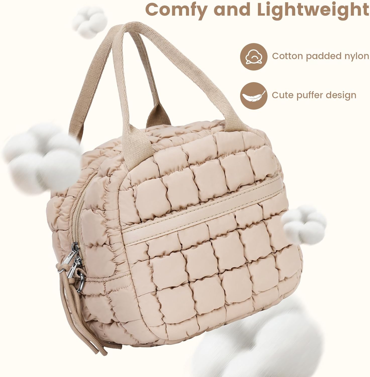 Cute Lunch Box for Women Quilted Lunch Bag with Strap Leakproof Insulated Puffer Lunch Cooler Tote Bags for Office Work, Beige - Image 5