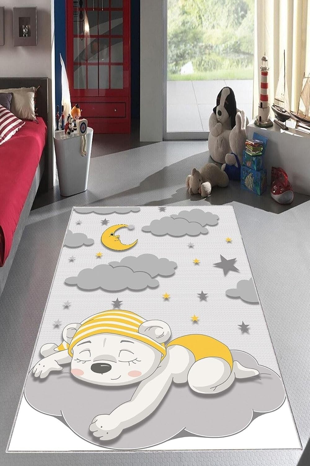 Pelangi Gri Uyuyan Ayıcık Desenli Yıkanabilir Kaymaz Taban Leke Tutmazbebek Ve Çocuk Odası Halısı, Gri-Sarı 180 x 280