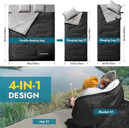 Miniatura 6 de CANWAY Saco de dormir doble de franela para adultos, clima frío, tamaño Queen, saco de dormir para dos personas para acampar con 2 almohadas