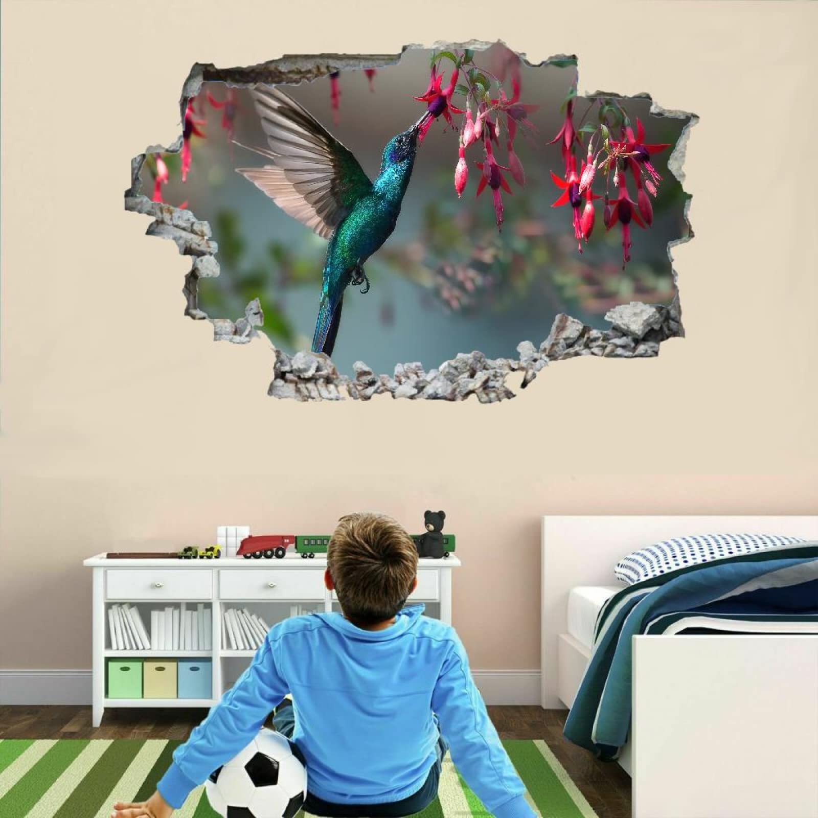 Vogel 3D Wandtattoo Wanddurchbruch, Blume Durchbruch Wandaufkleber für Kinderzimmer, sticker für Wohnzimmer, B 120 x H 80 cm Selbstklebend Vinyl Wandsticker, Wandbild Junge Mädchen Schlafzimmer