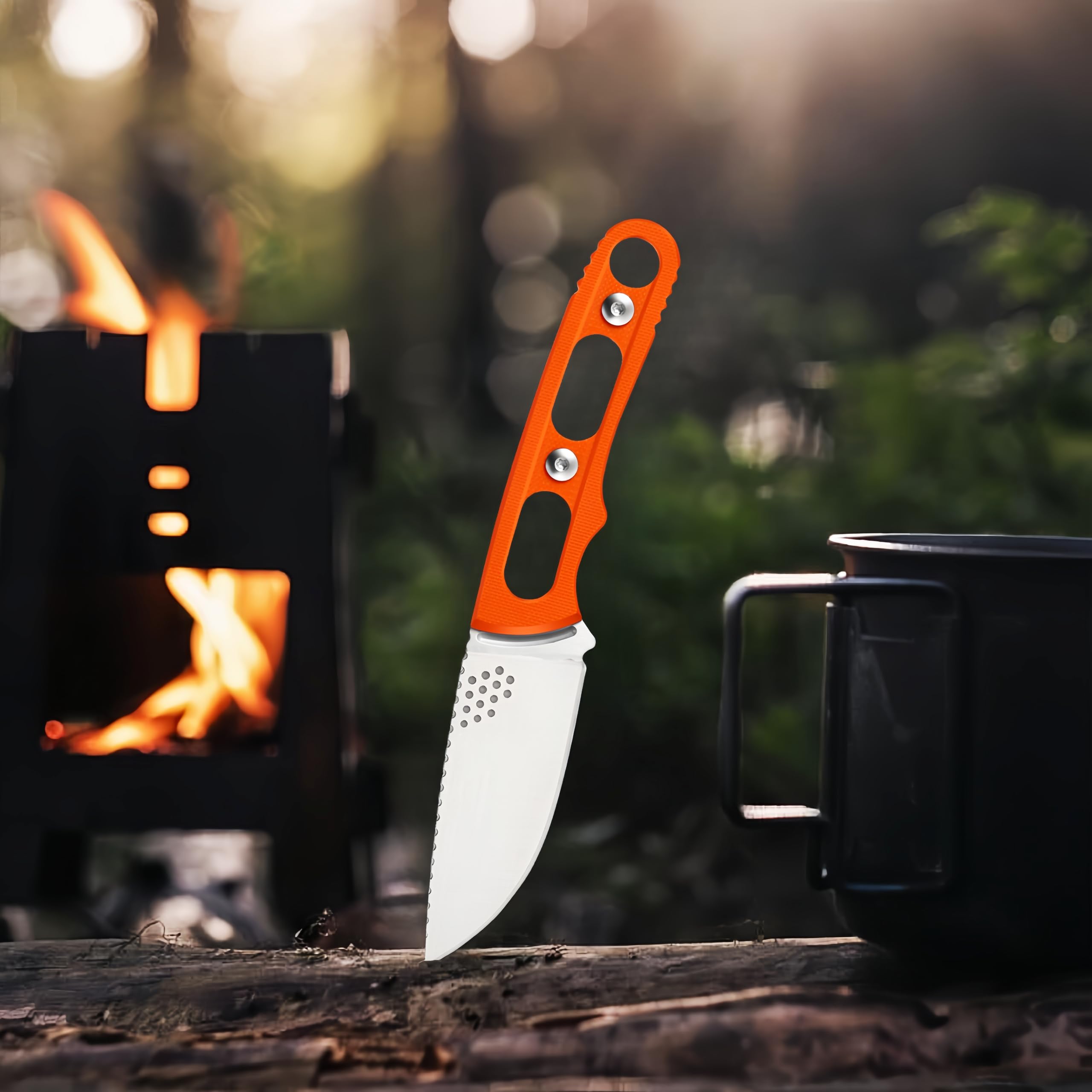 Coltello a lama fissa compatto leggero con fodero in pelle di vacchetta - Ideale per scuoiare, campeggio, attività all'aperto - Coltello a lama fissa EDC Bushcraft (Arancione)