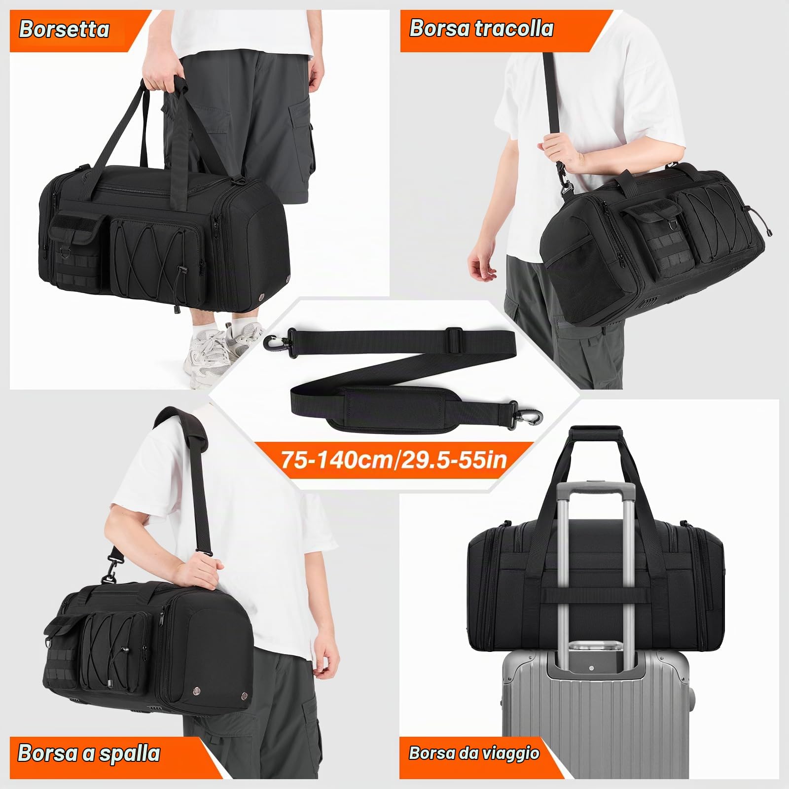 RAINSMORE Borsone Palestra Uomo Donna 40L Impermeabile Borsa Palestra con Scomparto Scarpe e Tasca Umida Espandibile Borsone da Viaggio Per Sport Piscina Fitness Weekend Nero