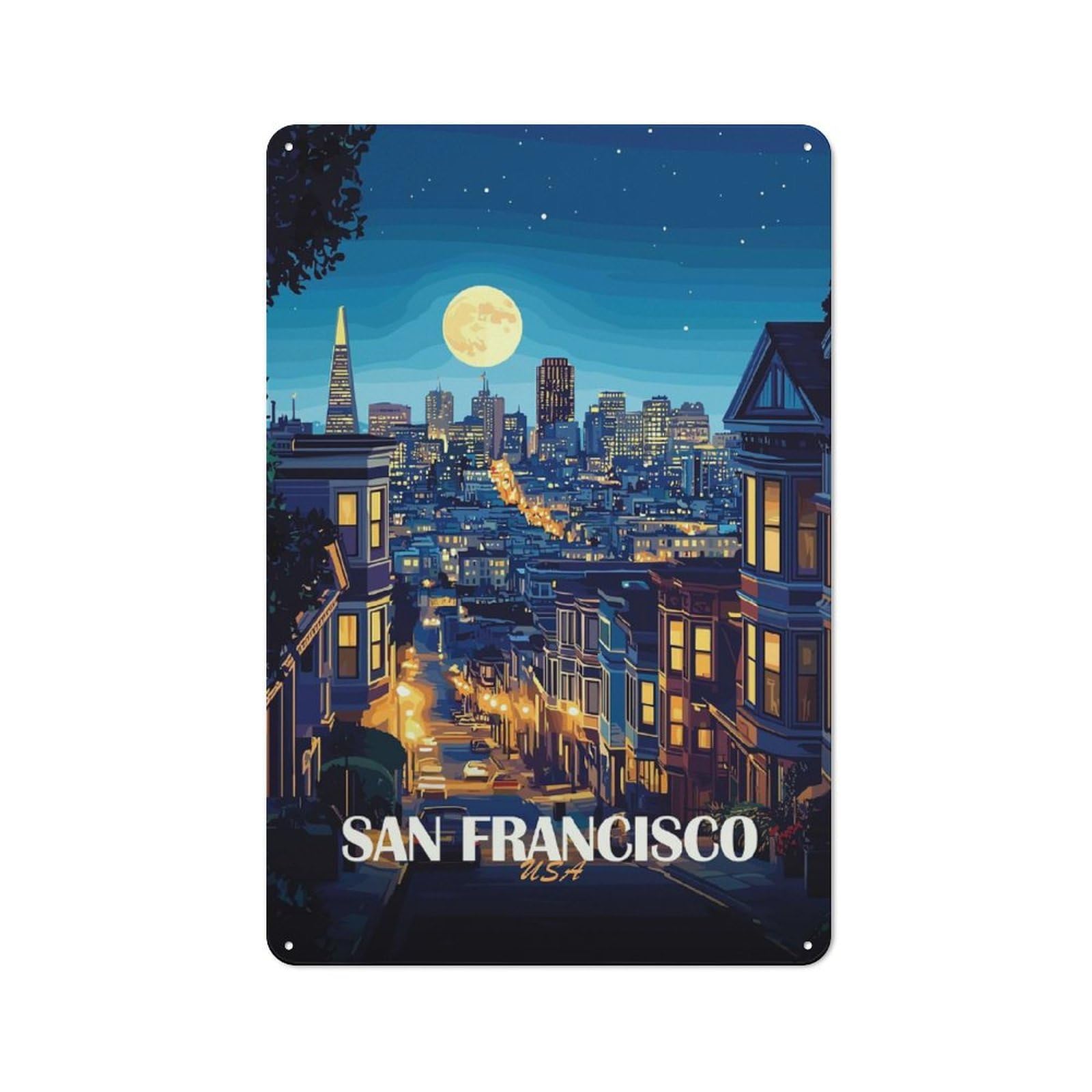 Junmoney San Francisco Cityscape At Night 30X20cm Rustic Metal Sign With For Guest Room Or Hallway, For Vintage Wall Decor Fans, For Metal Sign Collectors