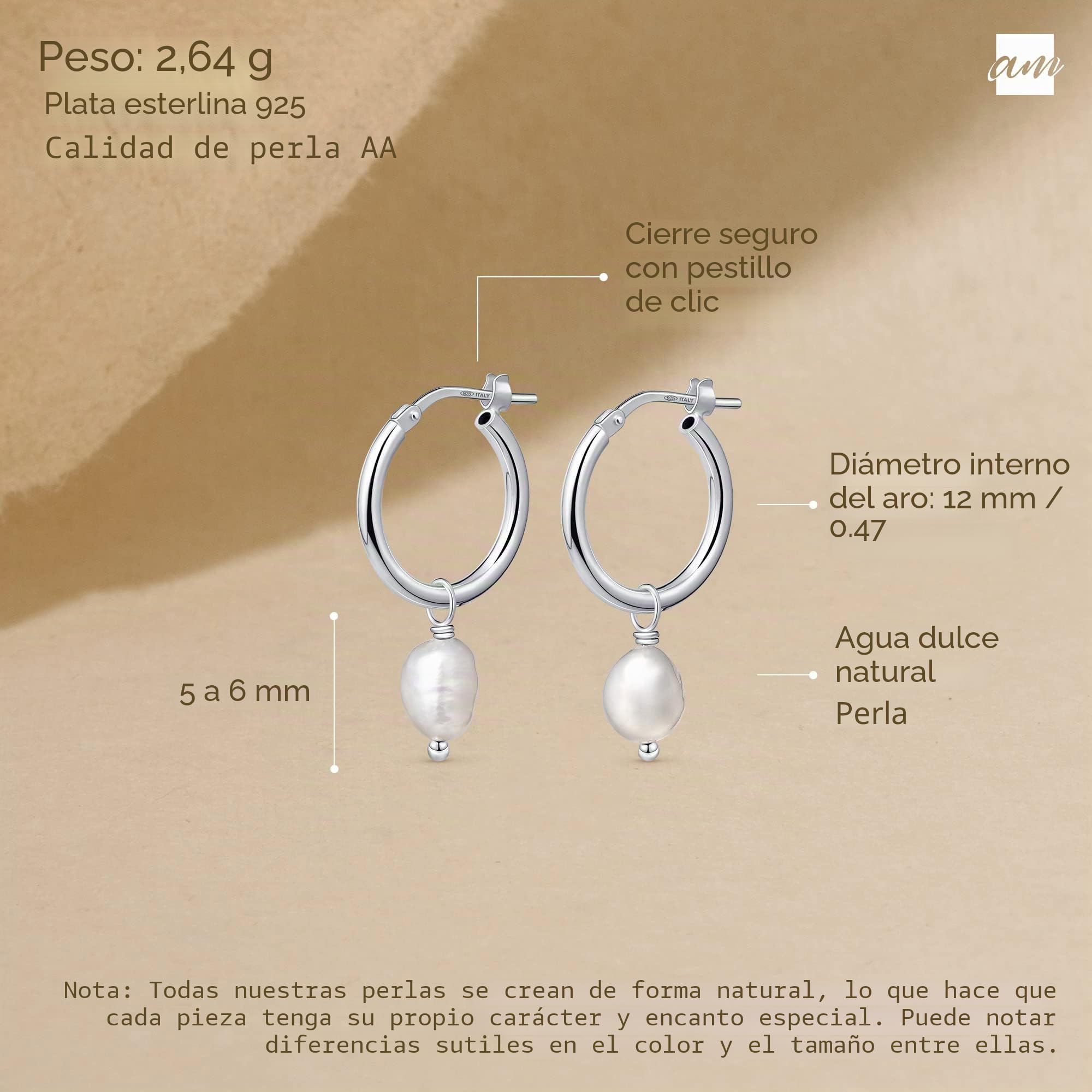 Amberta Pendientes de Perlas de Agua Dulce para Mujer en Plata de Ley 925