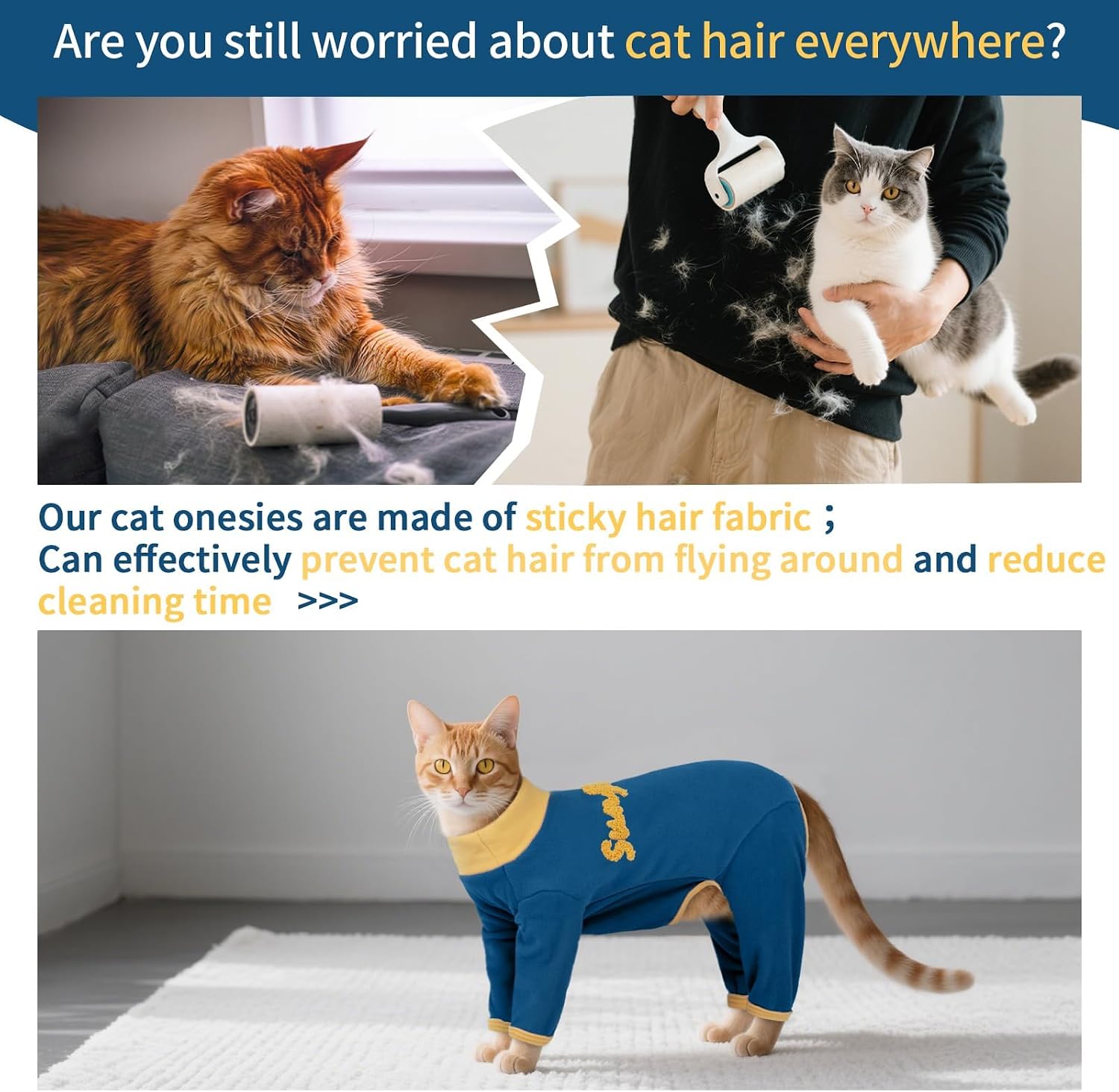 T'CHAQUE Sticky Hair Cat Onesie Pajamas, Soft Long Sleeve Cat Clothes, Anti-Shedding, Surgery Recovery Suit, Wound Protection & Preventing Licking, Kitten Sweaters for Male & Female-M