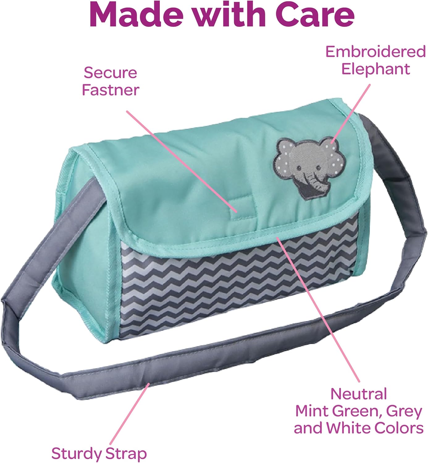 Adora Baby Doll Diaper Bag with Sturdy Straps, Includes Changing Mat and 2 Doll Diapers (Fits 13" Dolls), for Ages 3+ - Zig Zag Print