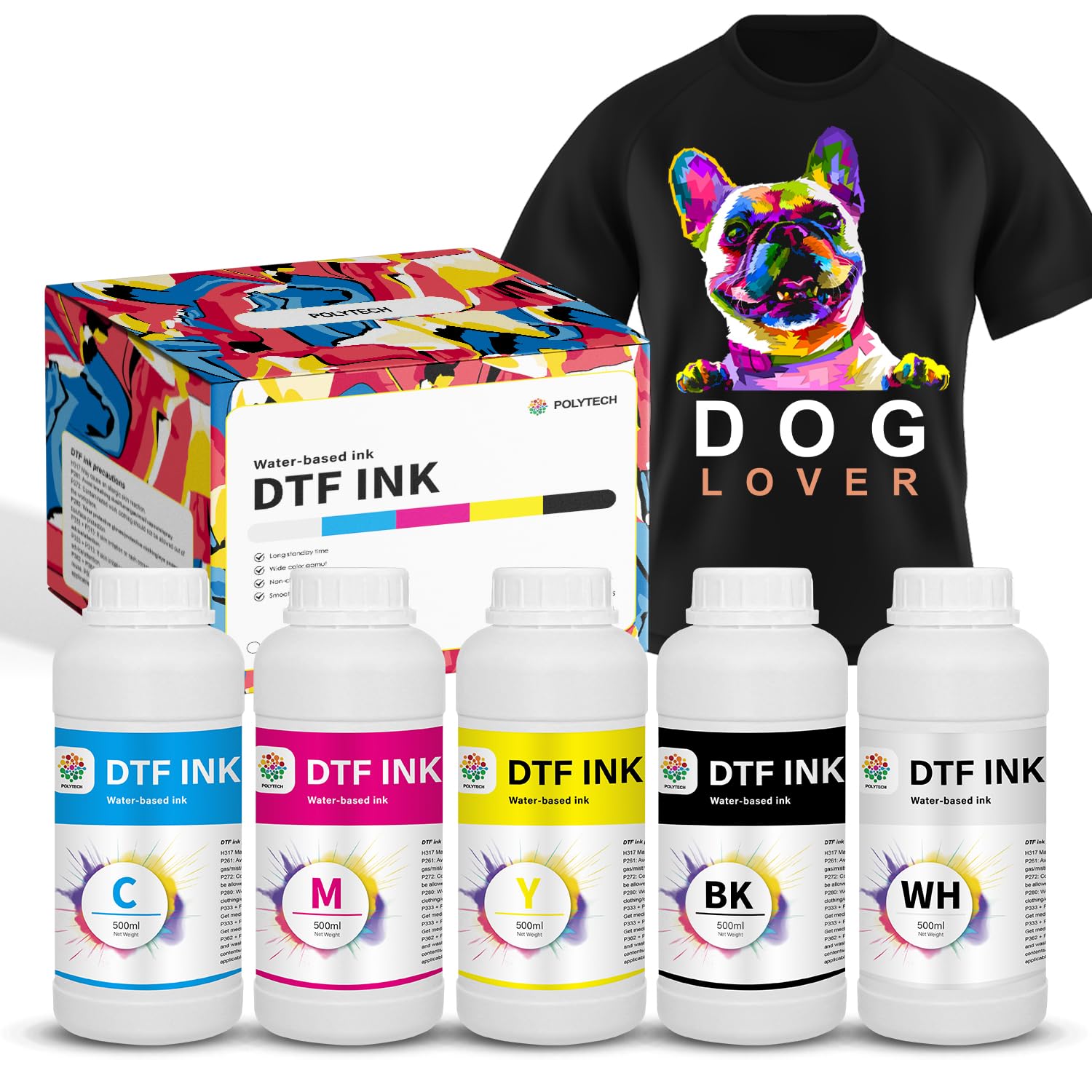 DTF Ink 6x500ML, Heat Transfer Printing Direct to Film, DTF Transfer Ink for PET Film, High Opacity Refill DTF Ink for Epson Printers ET-8550, XP-15000, L1800, L805, R1390, I3200, XP600