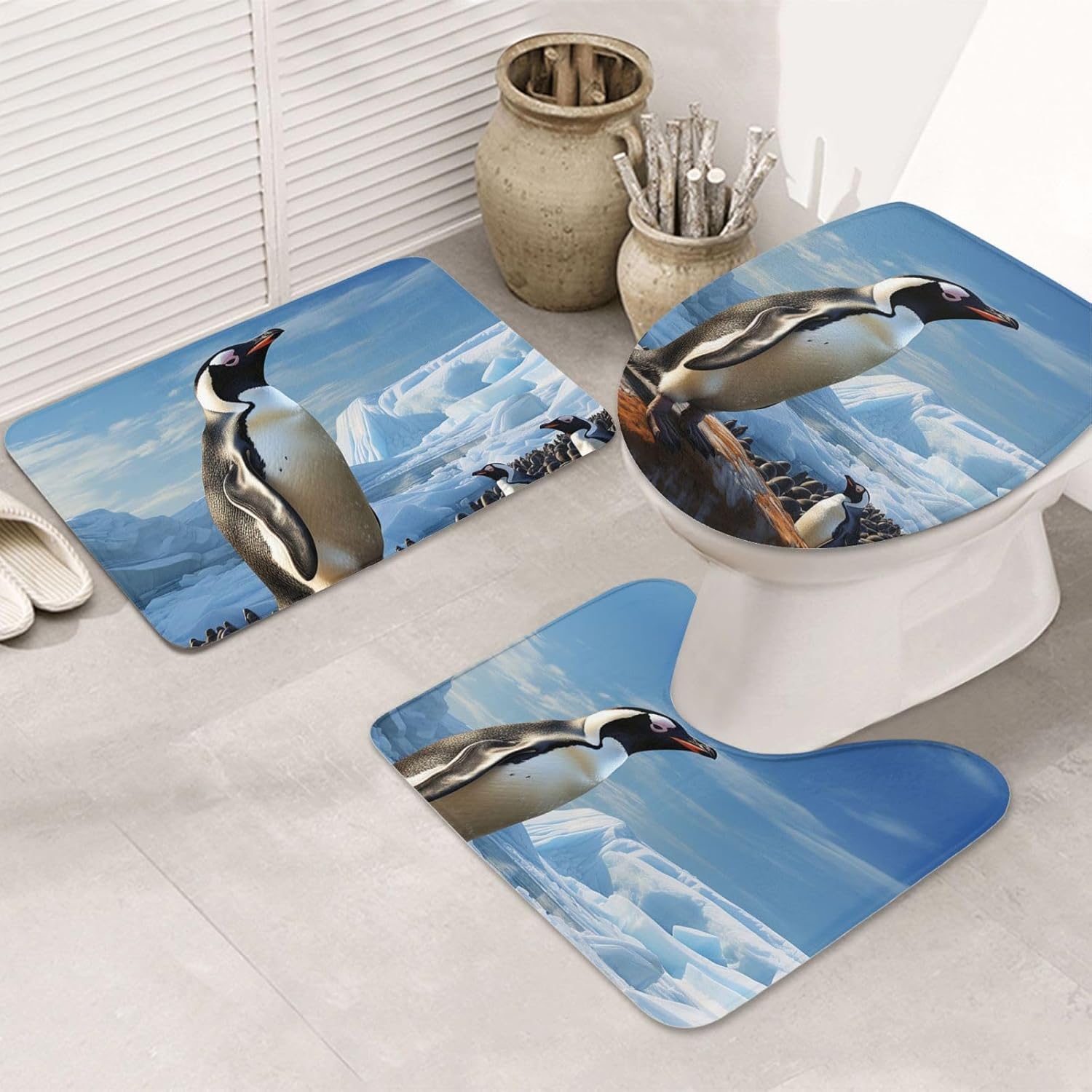 バスルームラグセット 3ピース吸収バスマット バスルーム用 ノンスリップ U字型輪郭トイレラグ ペンギンプリント フロアマット 洗え