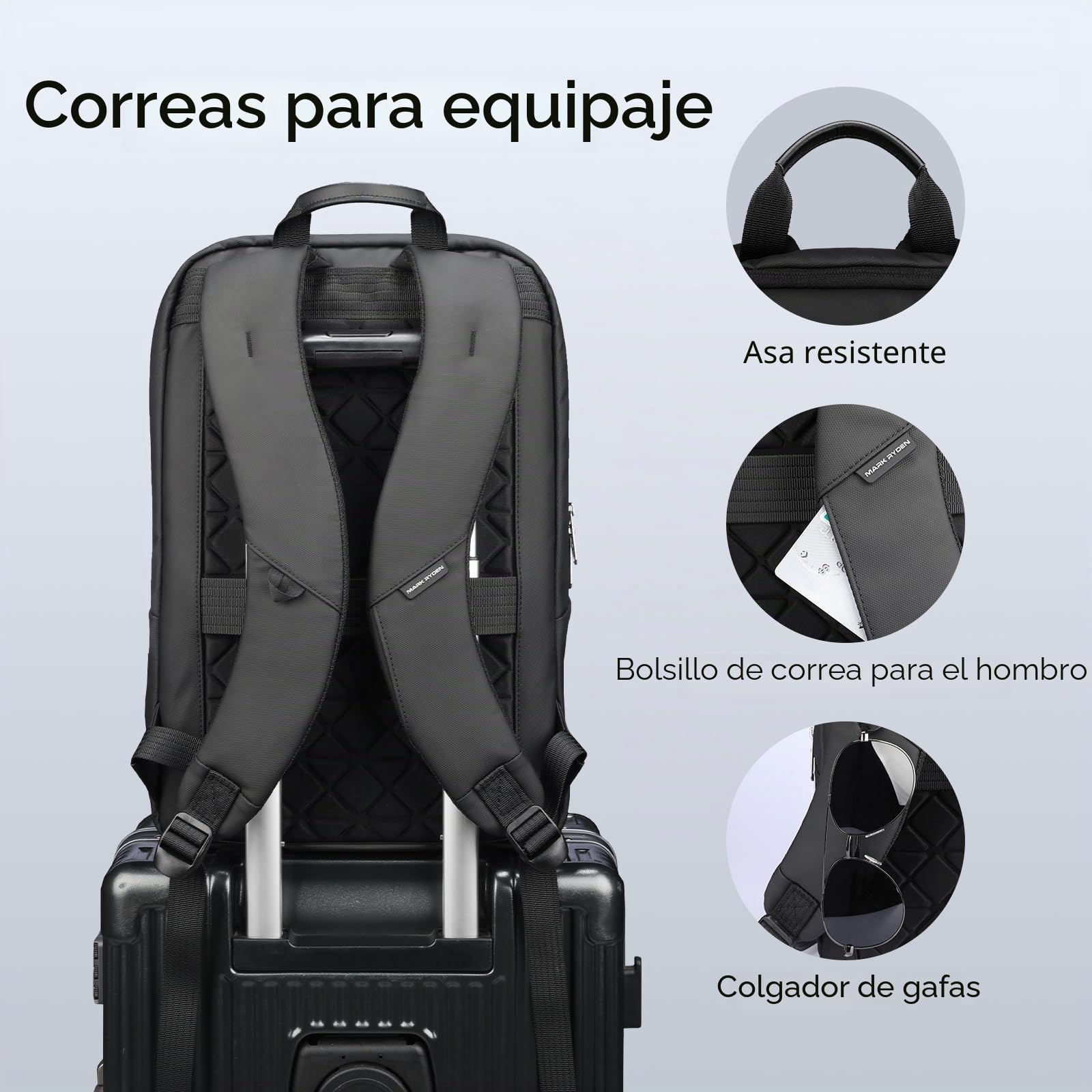 MARK RYDEN City Mochila para hombre, bolsillo múltiple, mochila ligera para el trabajo, desplazamientos para ordenador portátil con compartimento para ordenador de 15,6 pulgadas - Negro