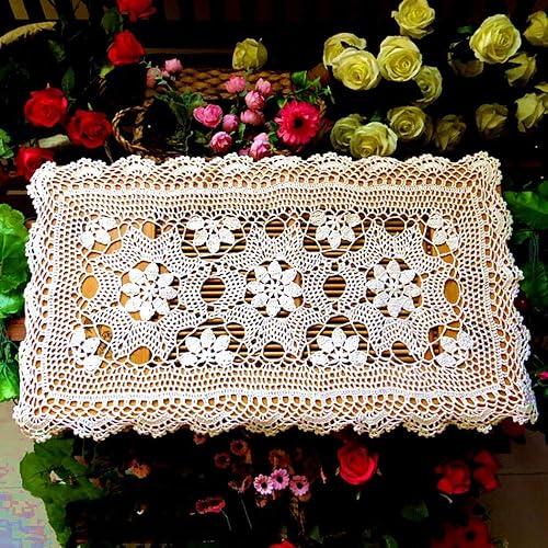 Miniatura 4 de Hetao Camino de mesa de 16 x 23 pulgadas, 100 % algodón, hecho a mano, con encaje de ganchillo, rectangular, color blanco