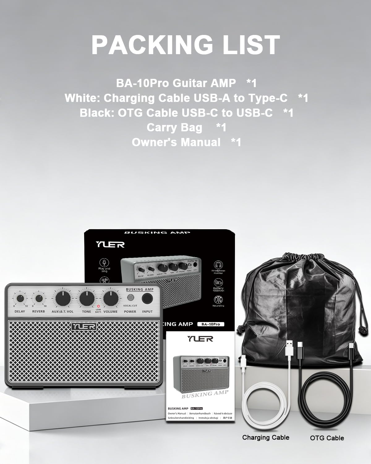 Yuer BA-10Pro 10W Akustikgitarren-Verstärker Tragbarer Gesangs- & Gitarrenverstärker mit digitalem Verzögerung/Reverb-Effekt Kopfhöreranschluss/OTG für Aufnahme, Praxis, Reisegitarren-Verstärker mit
