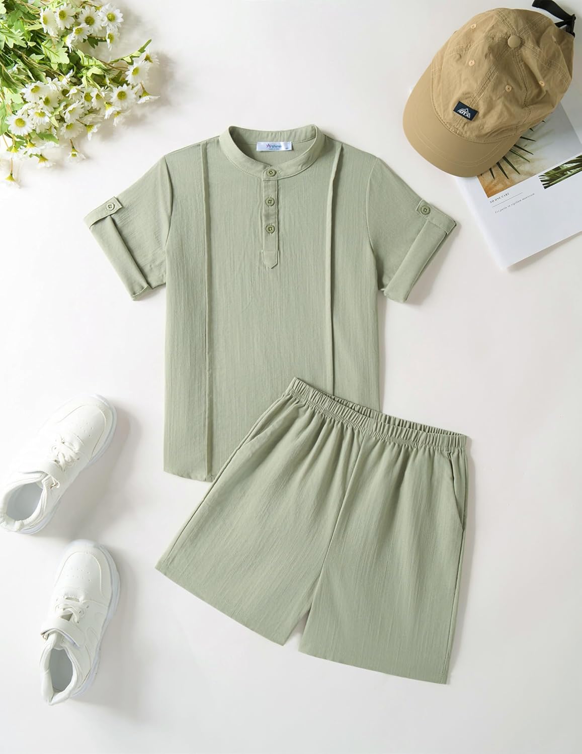 Arshiner Boy's 2 Pieces Linen Sets Short Sleeve Henley Shirt and Shorts Summer Beach Matching Outfits 4-12 Years - Image 6