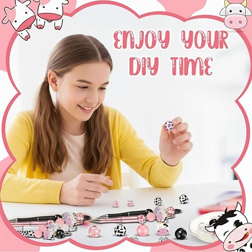 Miniatura 7 de Geyee Juego de 12 bolígrafos de plástico con cuentas, bolígrafos de cuentas surtidas, juego de espaciadores redondos de madera de cristal, tinta