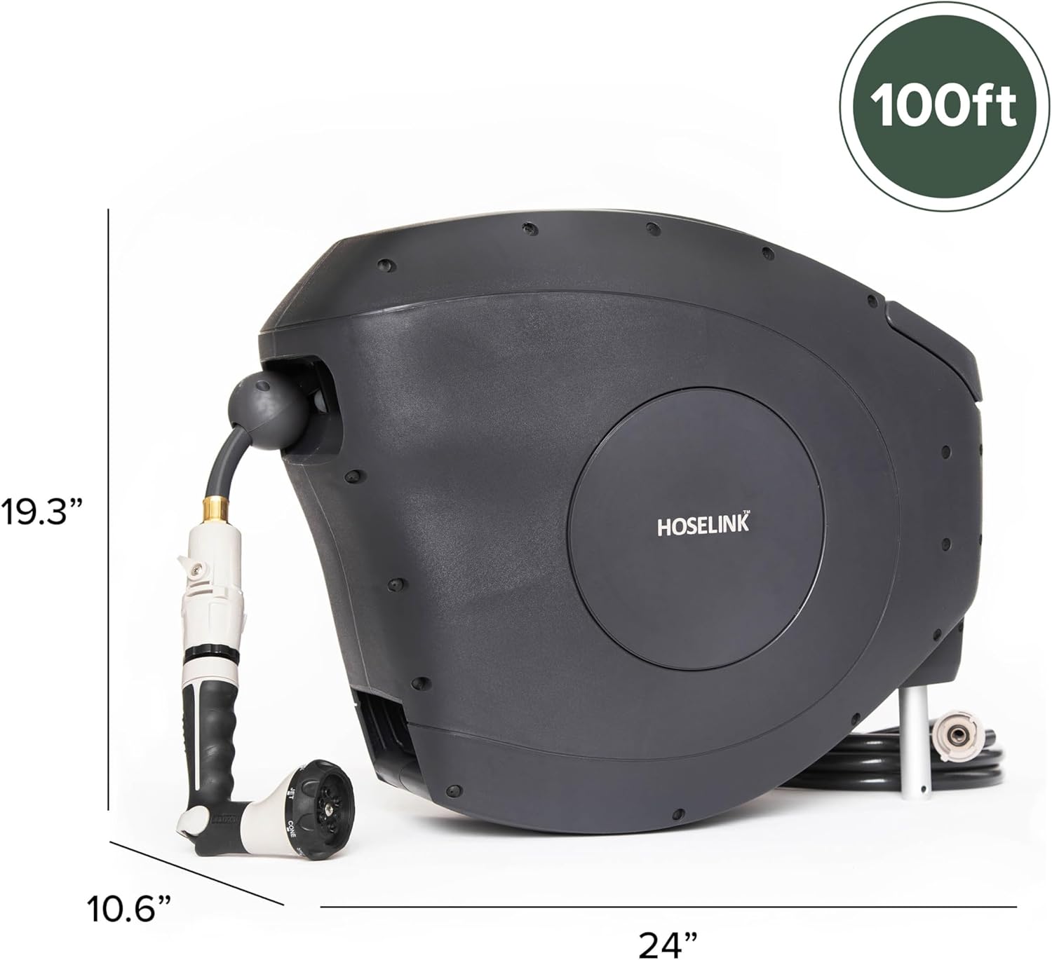 HOSELINK Classic Charcoal 100ft Automatic Retractable Garden Hose Reel, 1/2" UV-Stabilized Kink-Free Hose, Wall Mounted Complete Watering Solution for Backyard, Garden & Outdoor