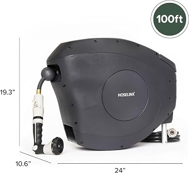 HOSELINK Classic Charcoal 100ft Automatic Retractable Garden Hose Reel, 1/2 UV-Stabilized Kink-Free Hose, Wall Mounted Complete Watering Solution for Backyard, Garden & Outdoor