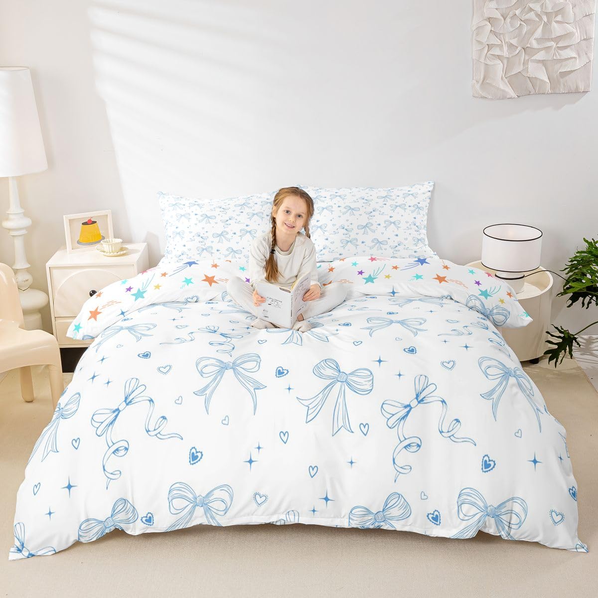 Homewish Set copripiumino per letto super king size con fiocco blu, per bambini, ragazze, adolescenti, donne, graziosi, cuori, stelle, decorazione