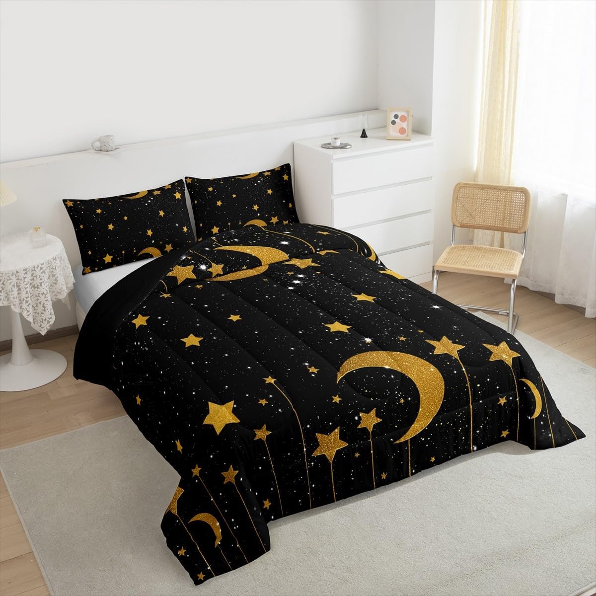 Homewish Gold Stars and Moon Comforter Set Queen Size,Starry Sky Bedding Set for Kids Boys Girls Bedroom Decoration,Gold and Black Bed Duvet Insert,Galaxy Comforter with 2 Pillowcase