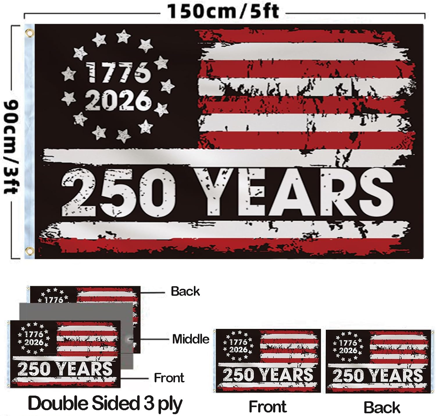 American 250th Anniversary Flag, Double Sided 3 ply 3 * 5 ft, American Flags for Outside, Heavy Duty, 4th of July Decorations, USA 1776-2026 250th Birthday Premium Flag with Grommets (Style 1) - Image 2