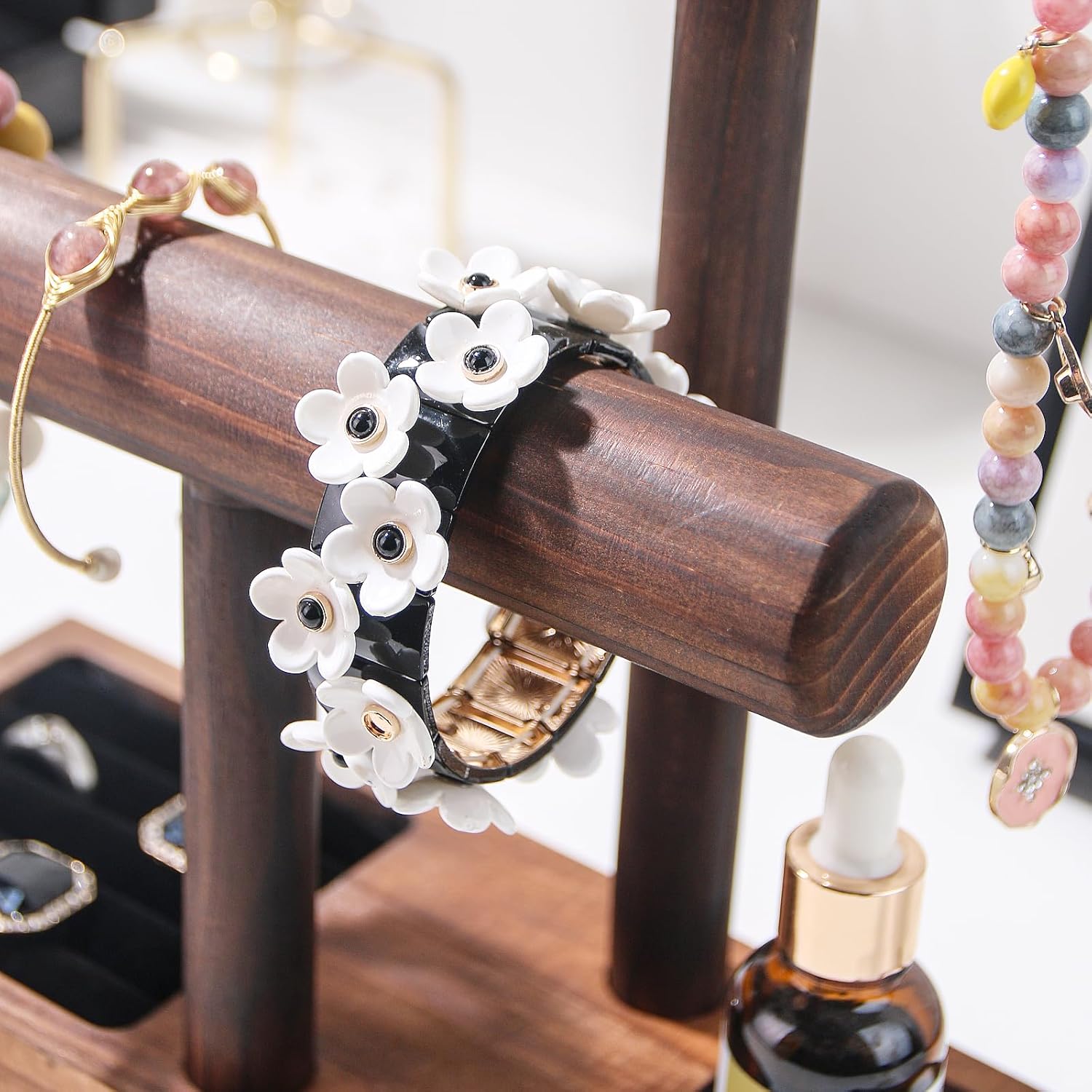 Bracelet Holder, Bracelet Display Stand for Vendors, T-Bar Necklace Scrunchie Wooden Storage Rack, Bangle Watch Jewelry Display Tower (2 Tier) - Image 4