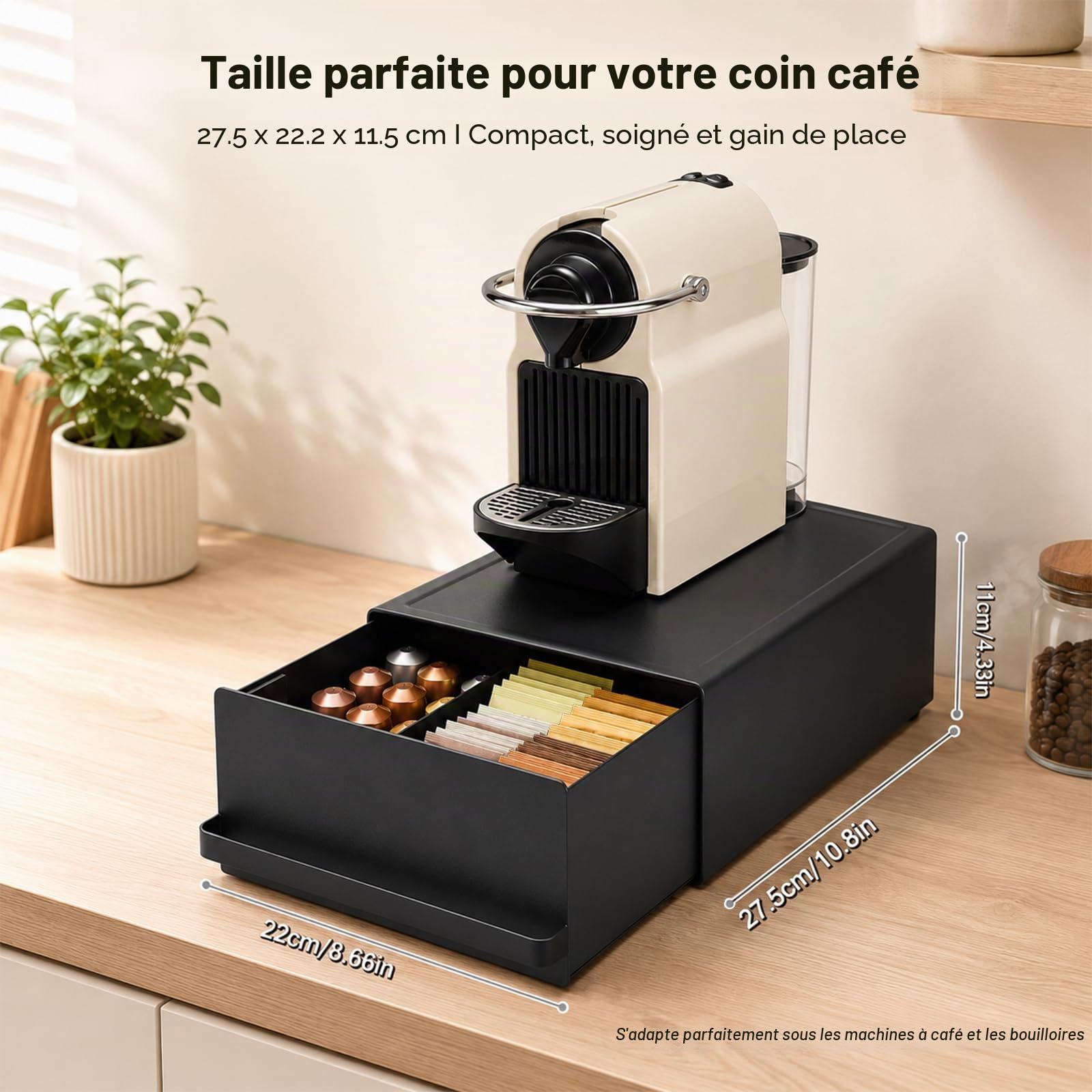 Porte-capsules de café, 27,5 x 22,2 x 11,5 cm, avec tiroir, fabriqué en acier au carbone, capacité de charge de 11 kg, organisateur de café pour machine à café, mixeur, bouilloire