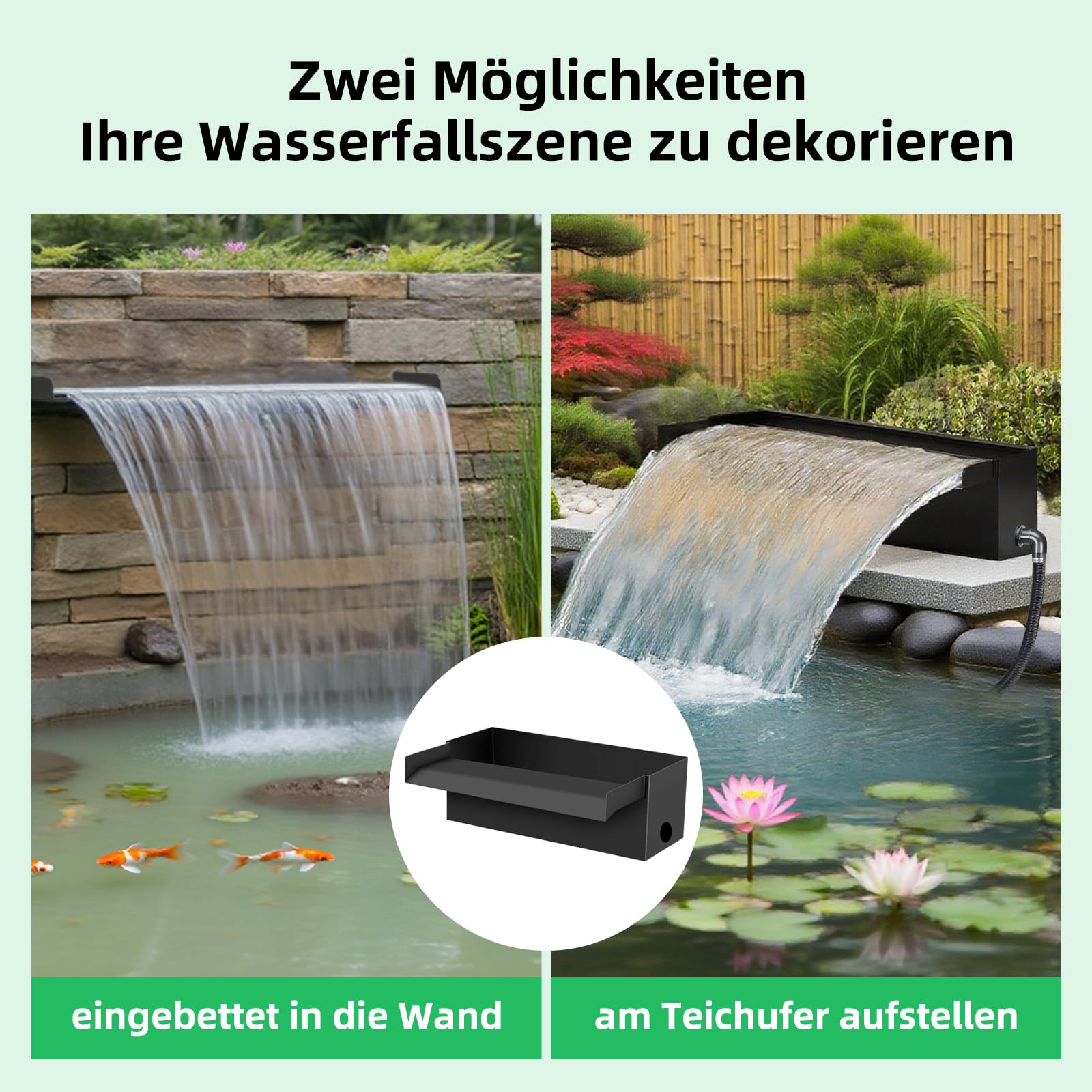 Schwarze Edelstahl Teich Wasserfall Spillway Pool Brunnen Wasser Feature, 45W 3000L/H with Pumpe, Teichüberlauf mit Pumpe und Wellrohr mit Filtermedien, für Terrasse Wasserwand
