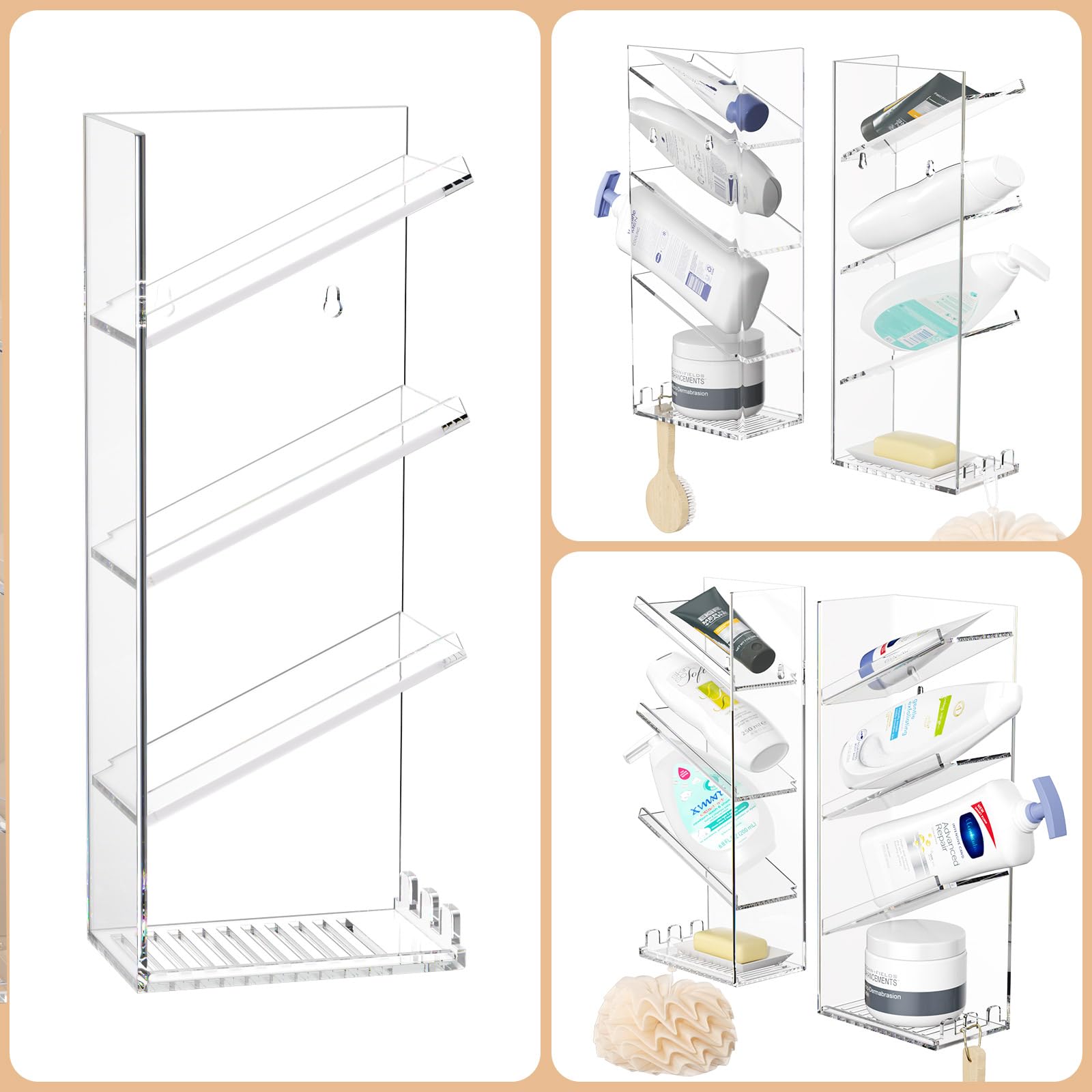 Organizador de baño acrílico, soporte para champú transparente montado en la pared, organizador de ducha con ventosa, sin perforaciones y a prueba de óxido, resistente y duradero, estante 7