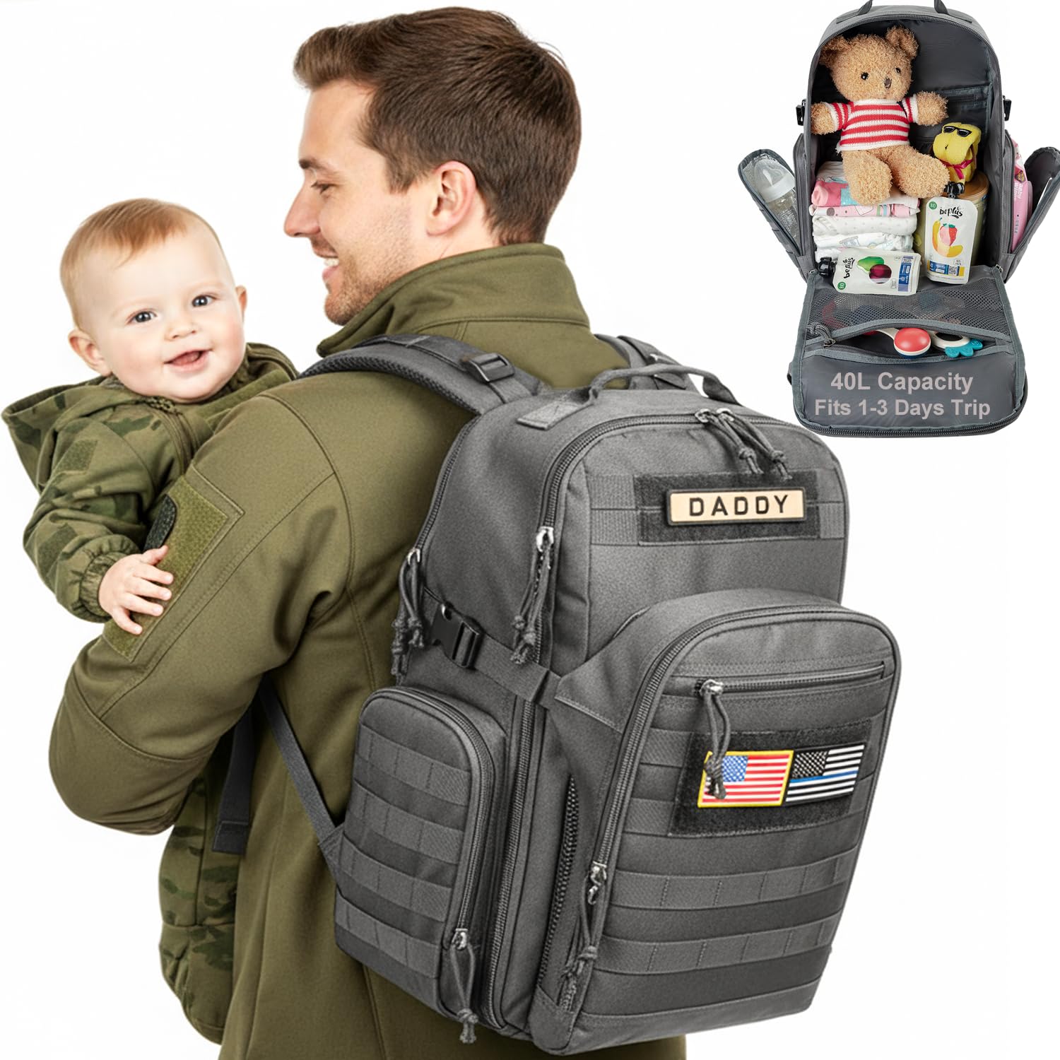 MIRACOL Diaper Bag Backpack for Dad: 900D Military-Grade Backpack with 16+ compartments - 40L XL Capacity Fits 15+ Diapers & 3 Bottles - Heavy-Duty